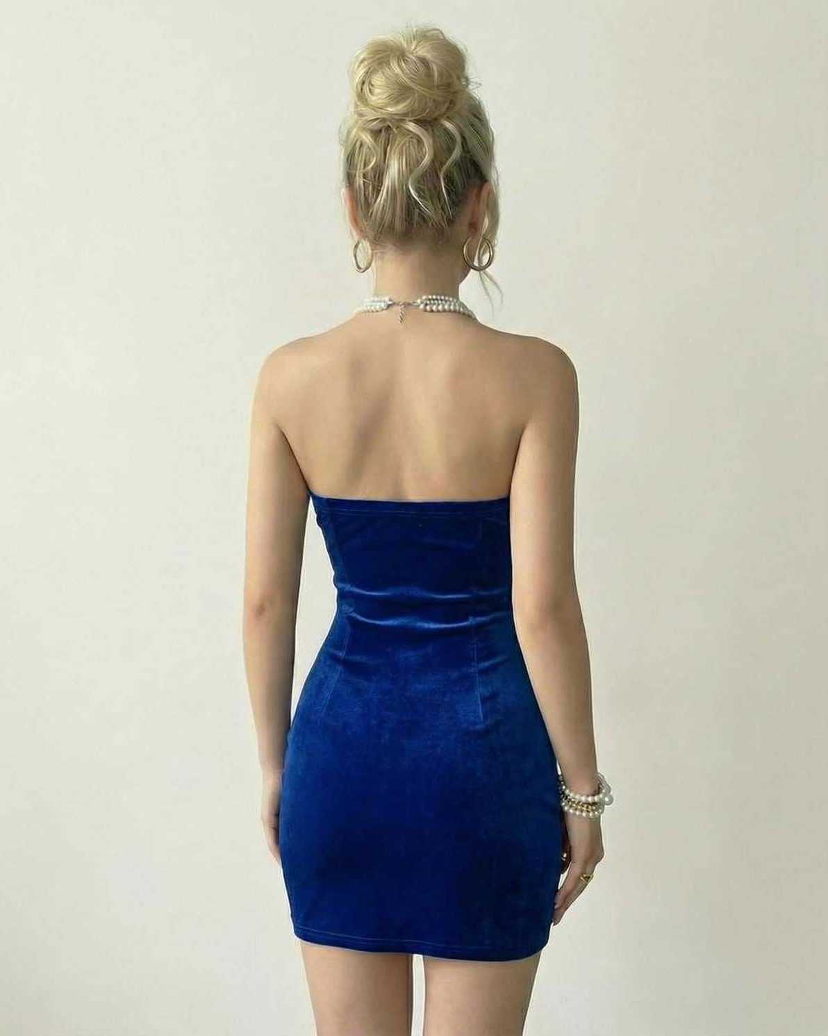 Sapphire Mini Dress by Lauven, strapless velvet design in royal blue with bodycon fit and elegant pearl detailing.