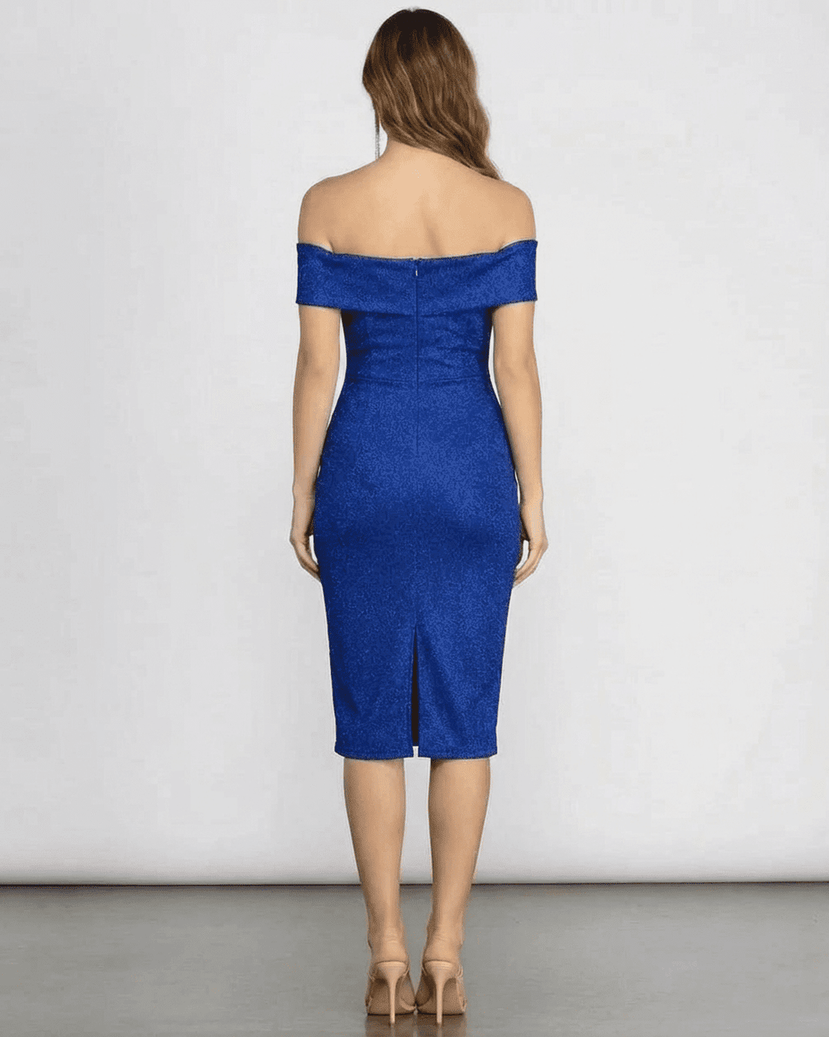 Sapphirea Midi Dress by Lauven, off shoulder glitter dress with front slit in rich blue, showcasing a refined silhouette.