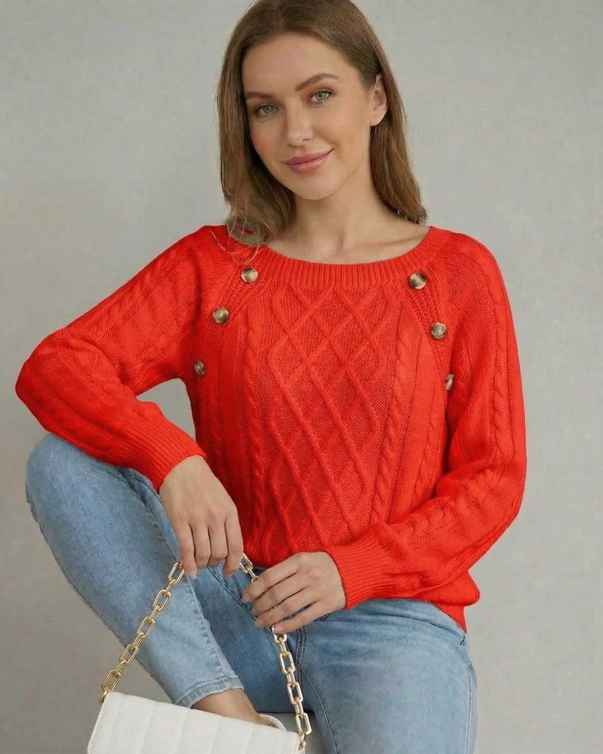 Scarlet Pullover by Lauven - Vibrant red cable knit square collar sweater with loose fit and raglan sleeves.