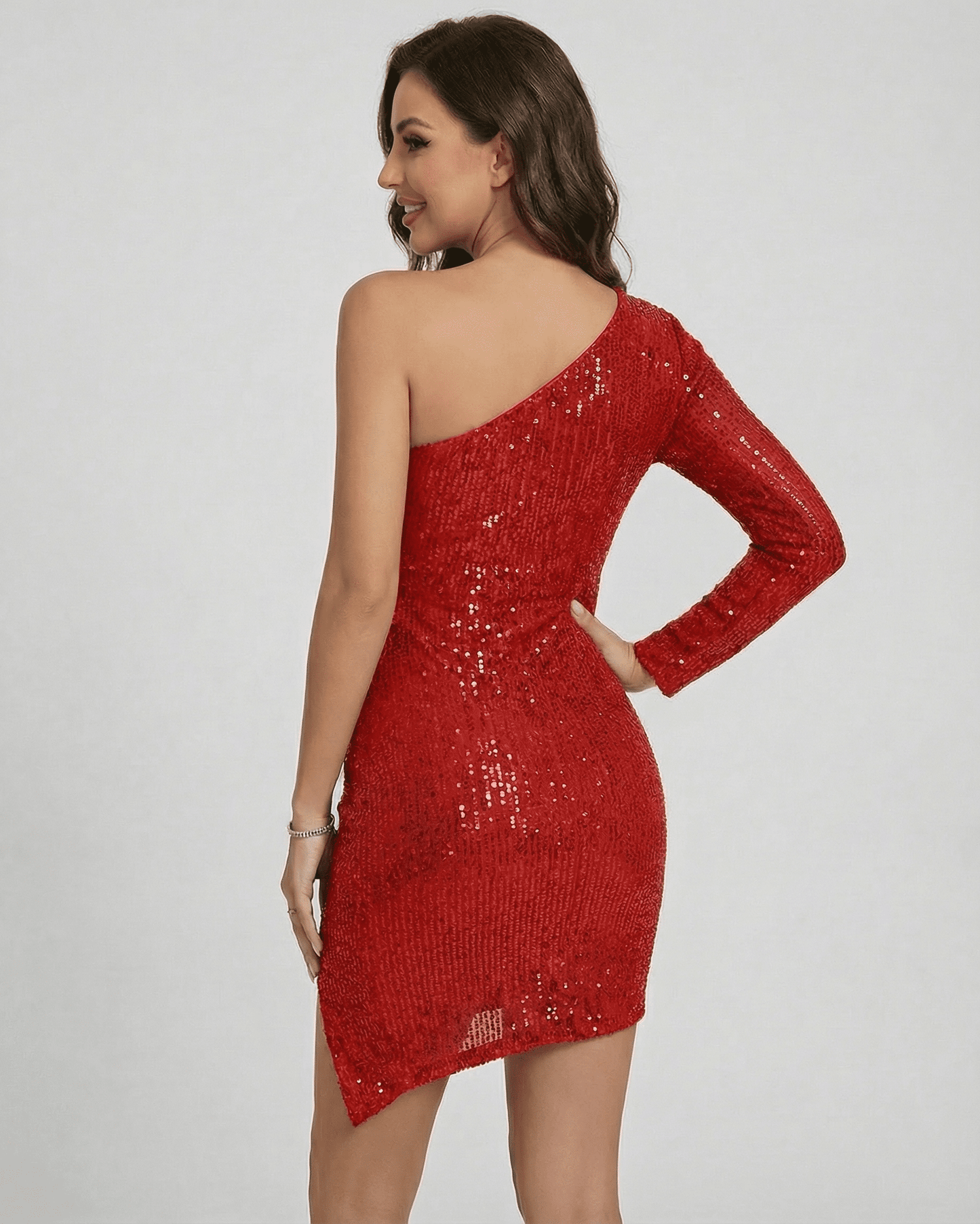 Scarlett Mini Dress by Lauven - One-Shoulder Sequin Bodycon Mini Dress in bold red with asymmetrical neckline.