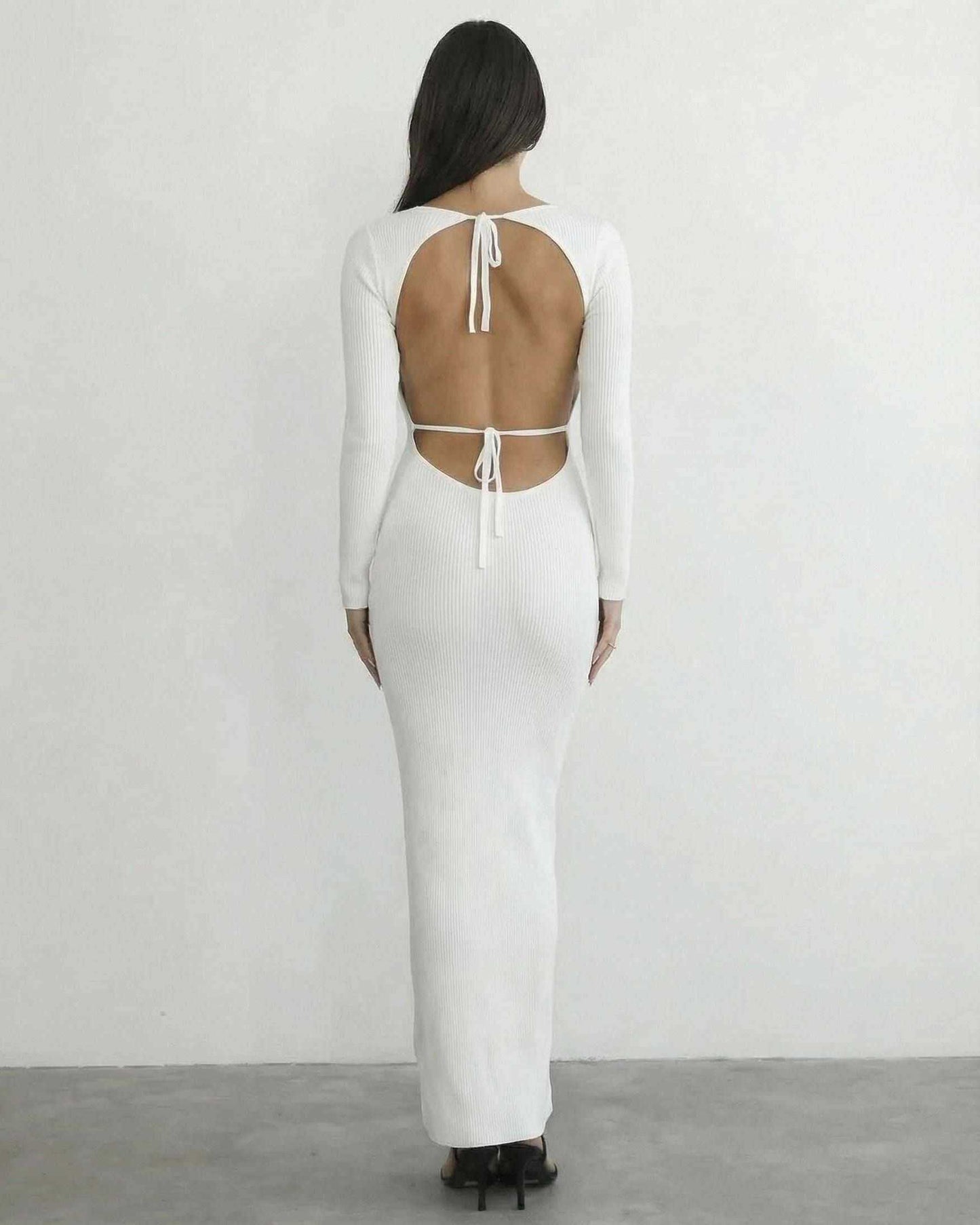 Selene Maxi Dress by Lauven - Back view showcasing open detail and sleek design.