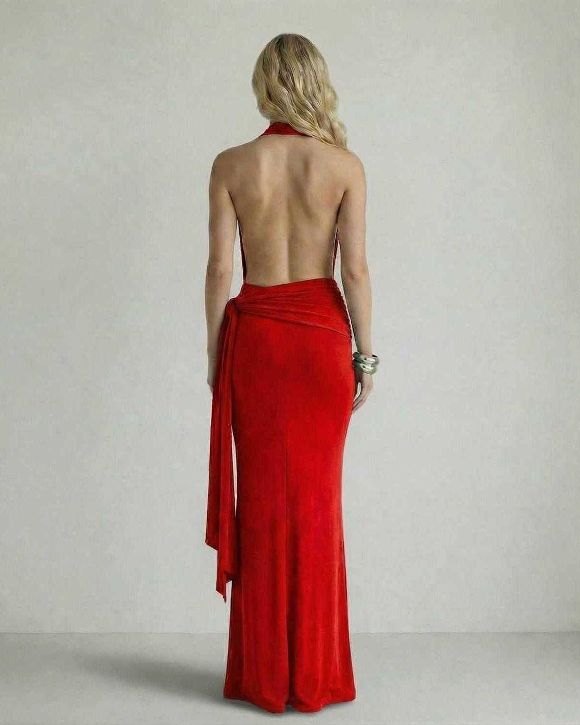 Selene Maxi Dress by Lauven, elegant red velvet halter neck dress with open back and sleek silhouette.