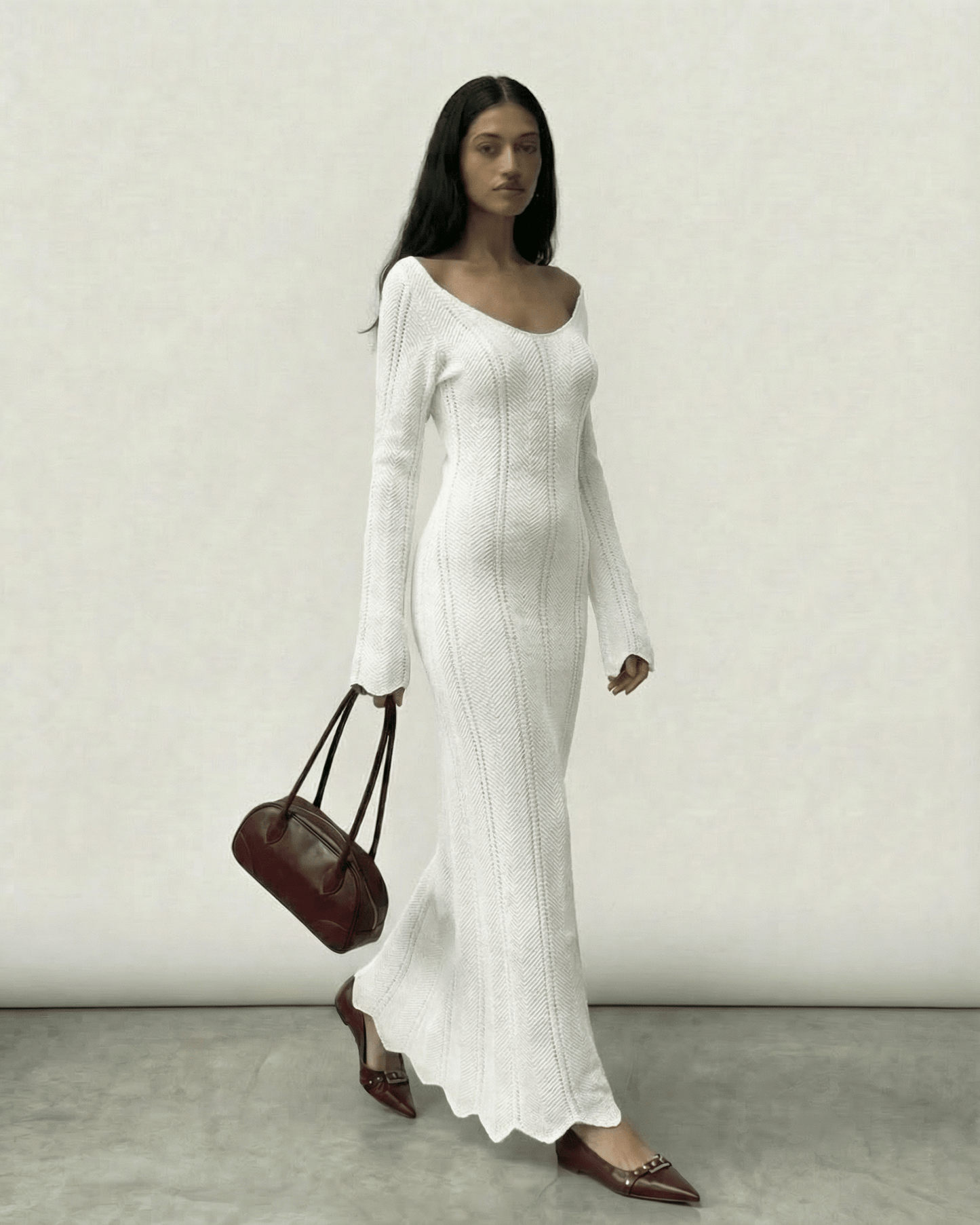 Selene Maxi Dress by Lauven - Elegant ivory ribbed bodycon dress with V-neck and long flare sleeves.