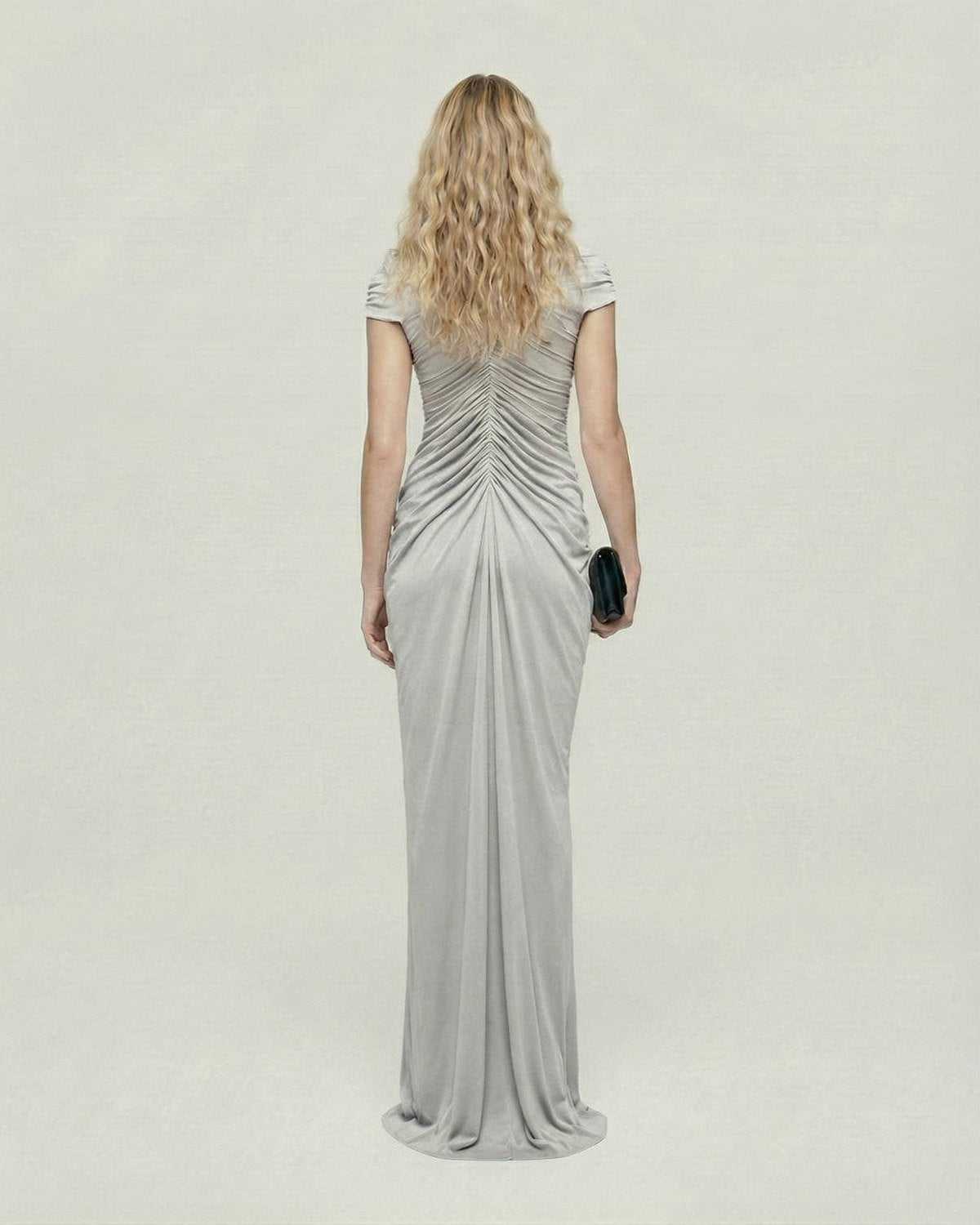 Selene Maxi Dress by Lauven, showcasing a back view with ruched detail and elegant long silhouette in soft grey.