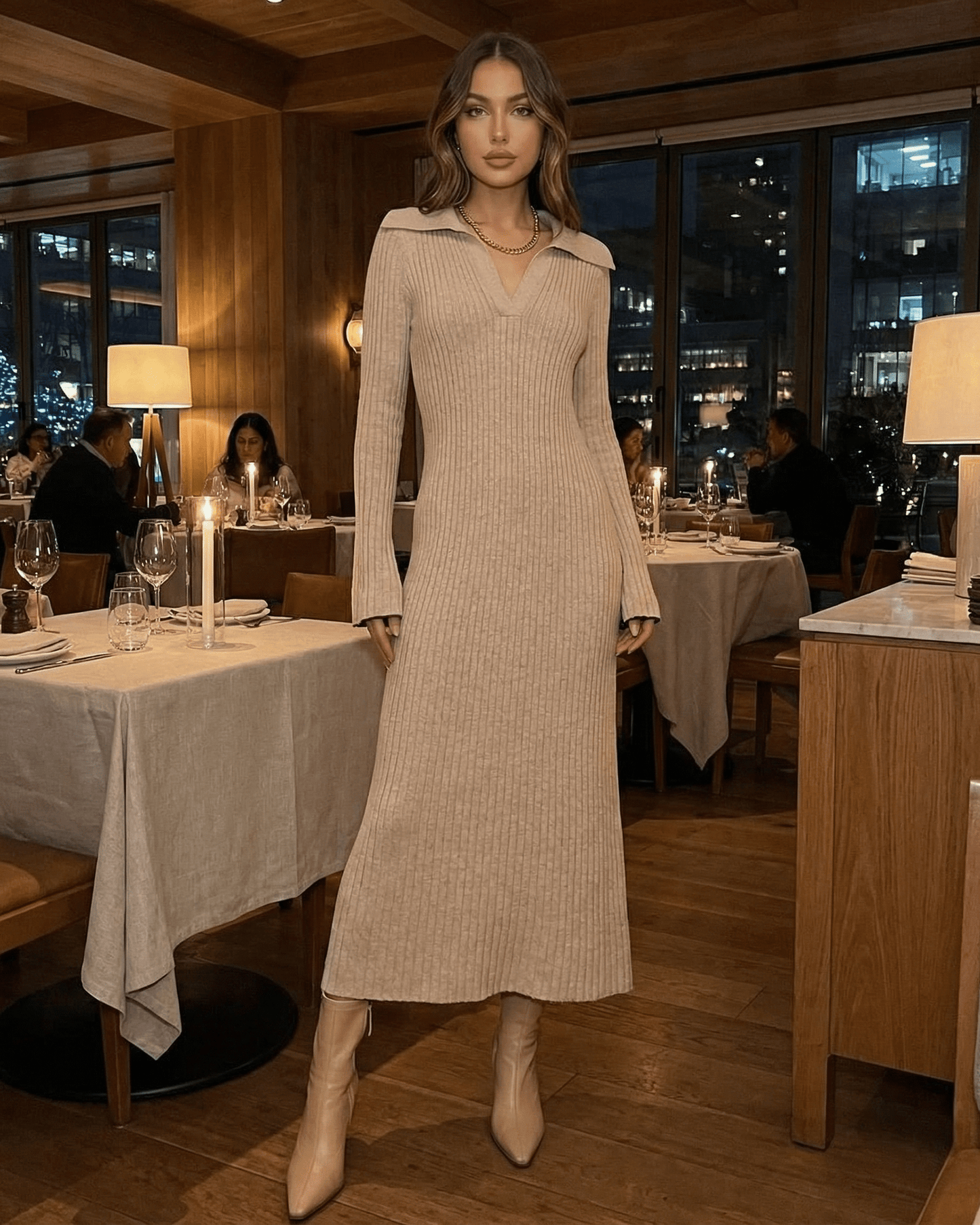 Elegant woman in Selene Midi Dress at a restaurant, showcasing ribbed knit V-neck A-line silhouette by Lauven.