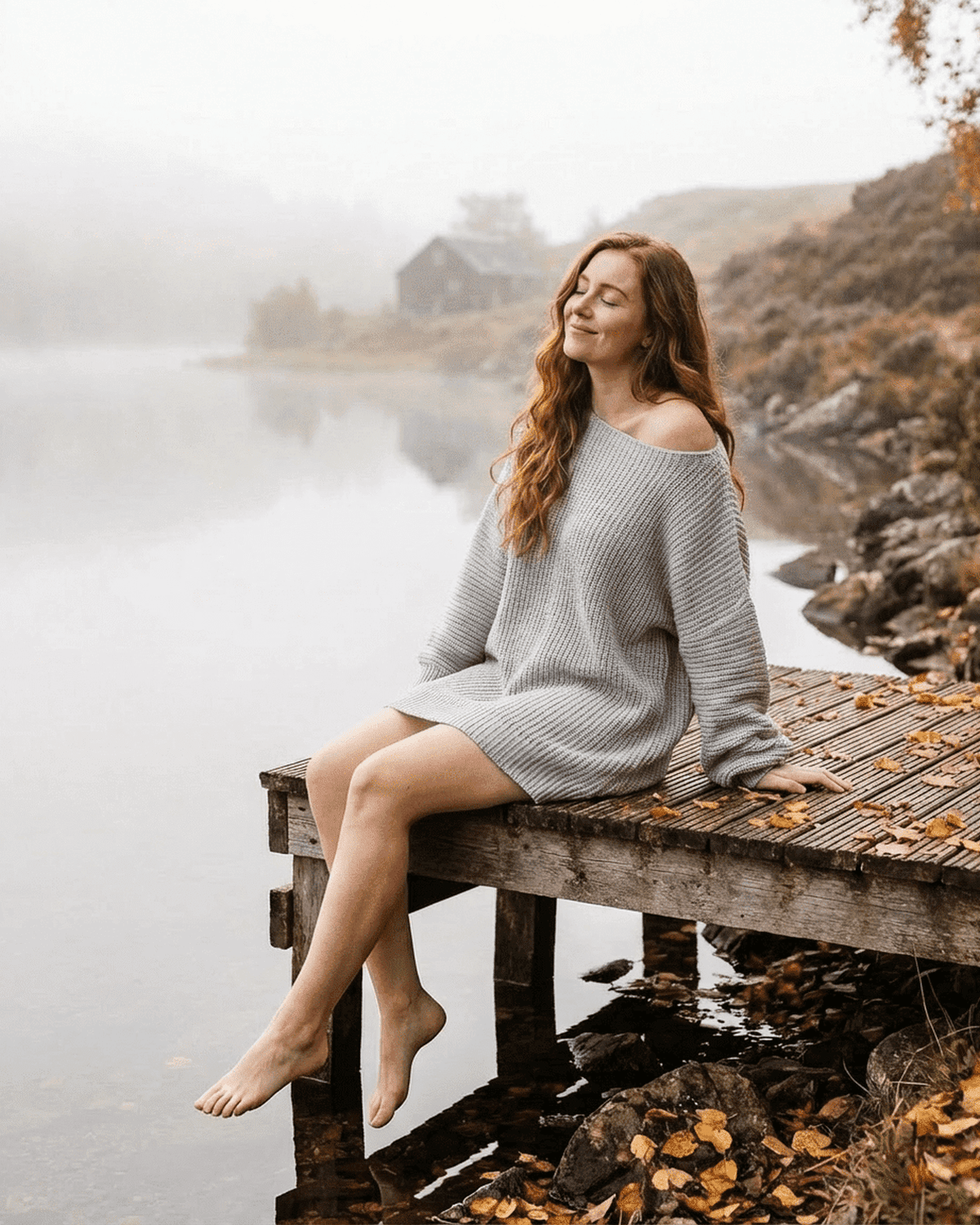 Selene Mini Dress by Lauven - Cozy grey ribbed knit, off-the-shoulder design, styled on a lake dock.