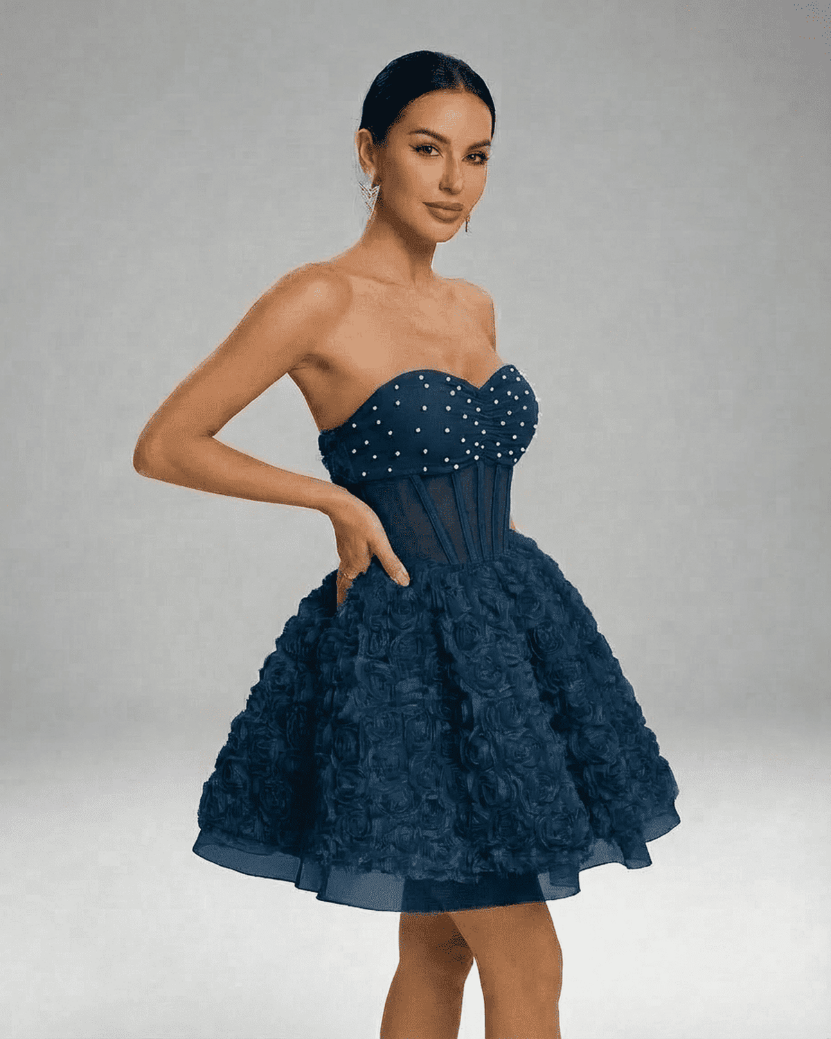 Selene Mini Dress in navy. Strapless floral pouf dress with beaded corset by Lauven, showcasing exquisite 3D details.