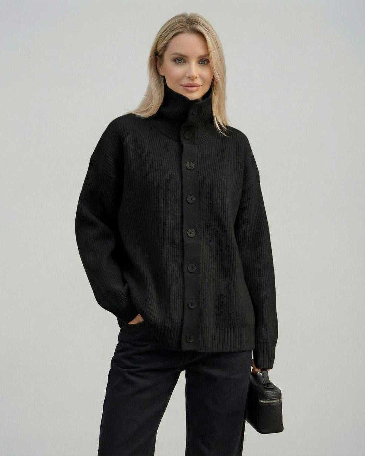 Selene Sweater Black by Lauven - Ribbed turtleneck button-up women’s sweater in black with a loose fit.