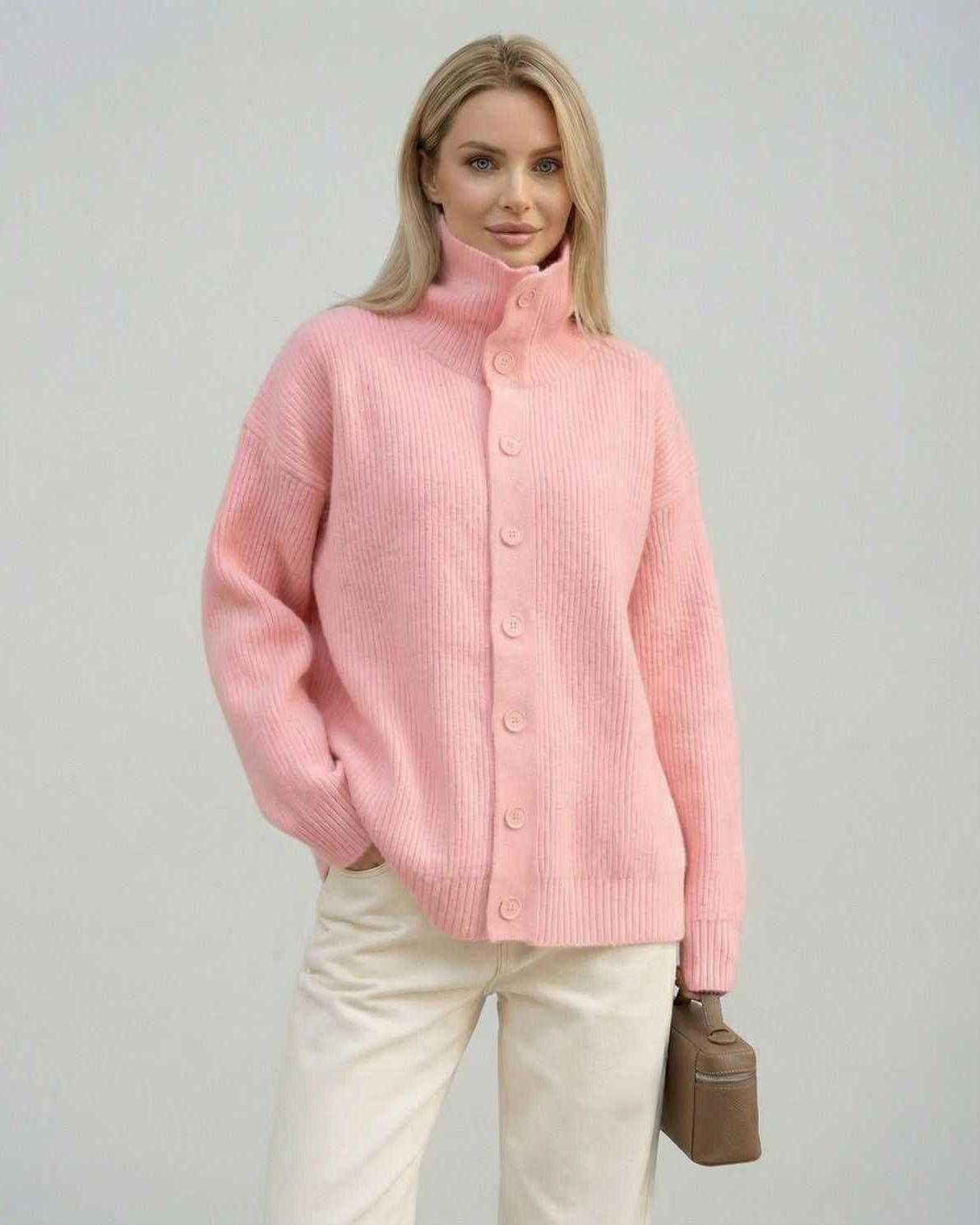Selene Sweater Pink by Lauven, a stylish ribbed turtleneck button-up sweater for women in soft pink.