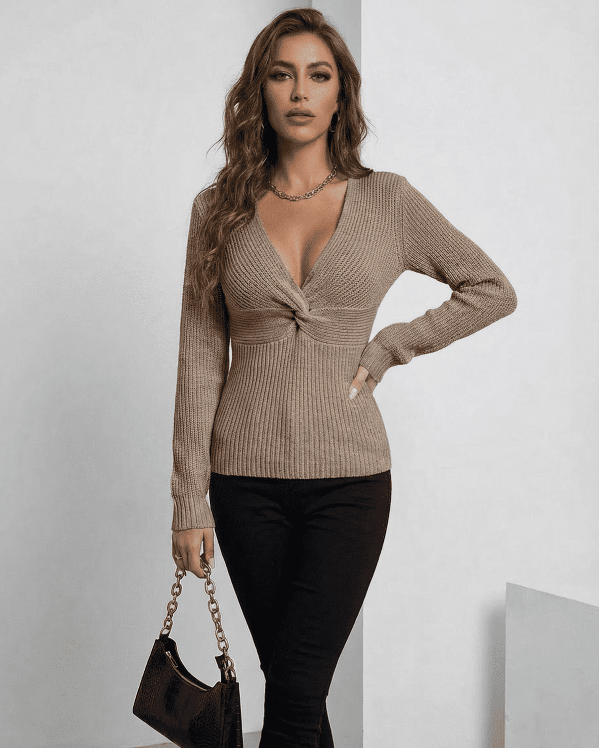 Seren Pullover by Lauven - Elegant ribbed slim fit V-neck sweater in taupe, ideal for versatile styling.