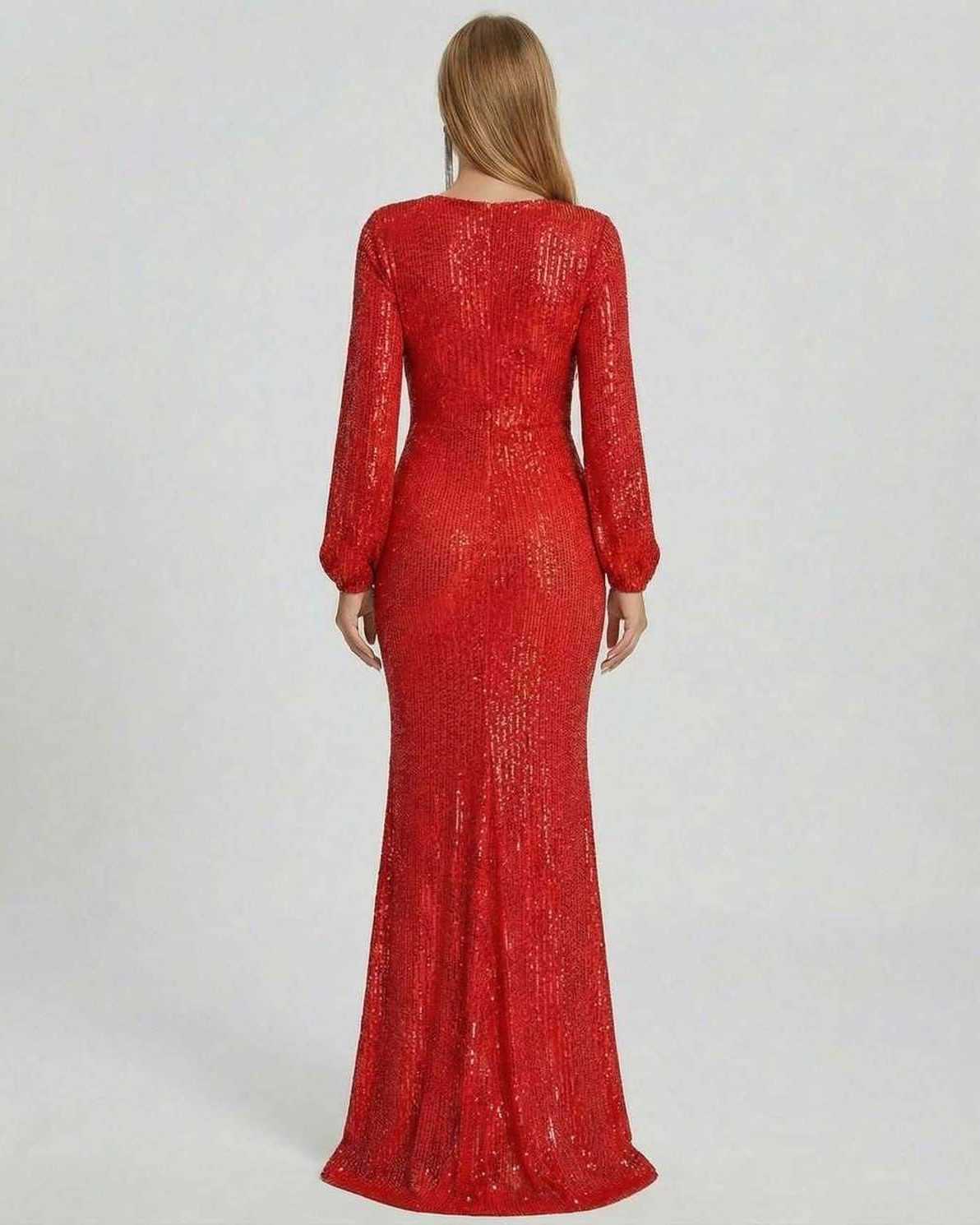 Back view of the Serena Maxi Dress in vibrant red with luxurious sequins by Lauven, showcasing its elegant silhouette.