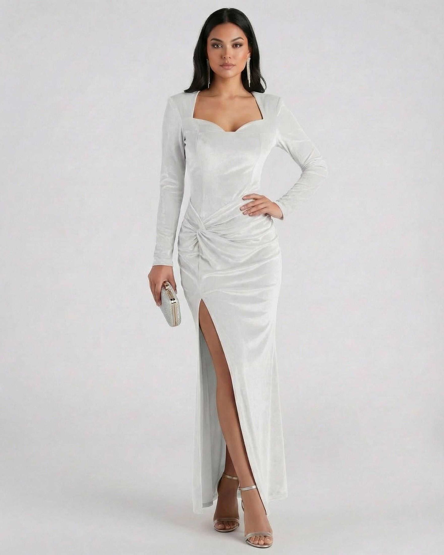 Serene Maxi Dress by Lauven - White Velvet Long Sleeve Square Neck Maxi Dress with Slit, elegant and stylish.
