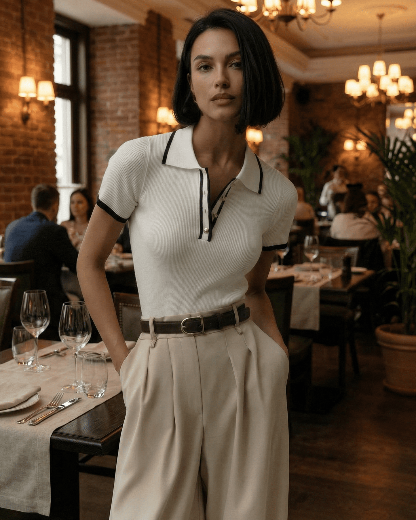 Siena Polo Shirt by Lauven, showcasing refined slim fit and modern contrast detail in a stylish restaurant setting.