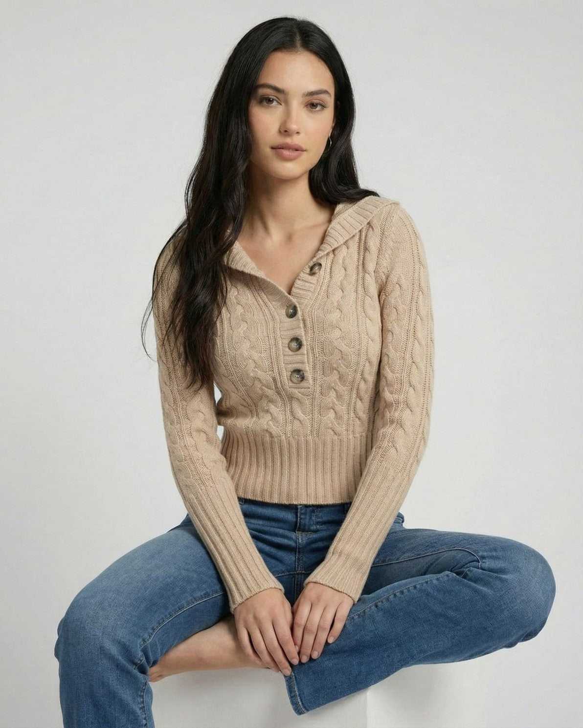 Siena Sweater by Lauven, hooded cable knit slim fit sweater showcasing a polished look and modern silhouette.