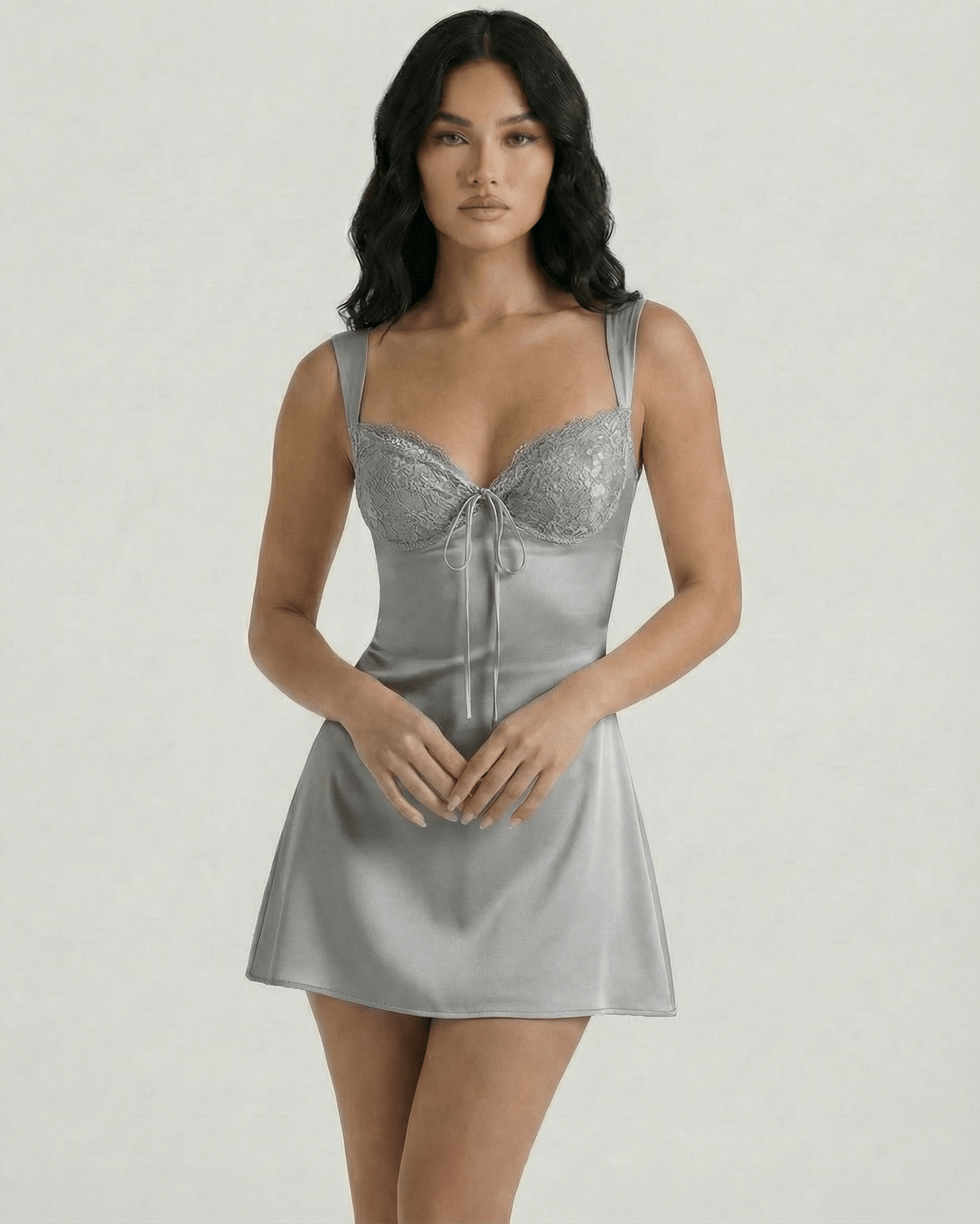 Sienna Mini Dress by Lauven in gray satin featuring lace bust detail and A-line silhouette.