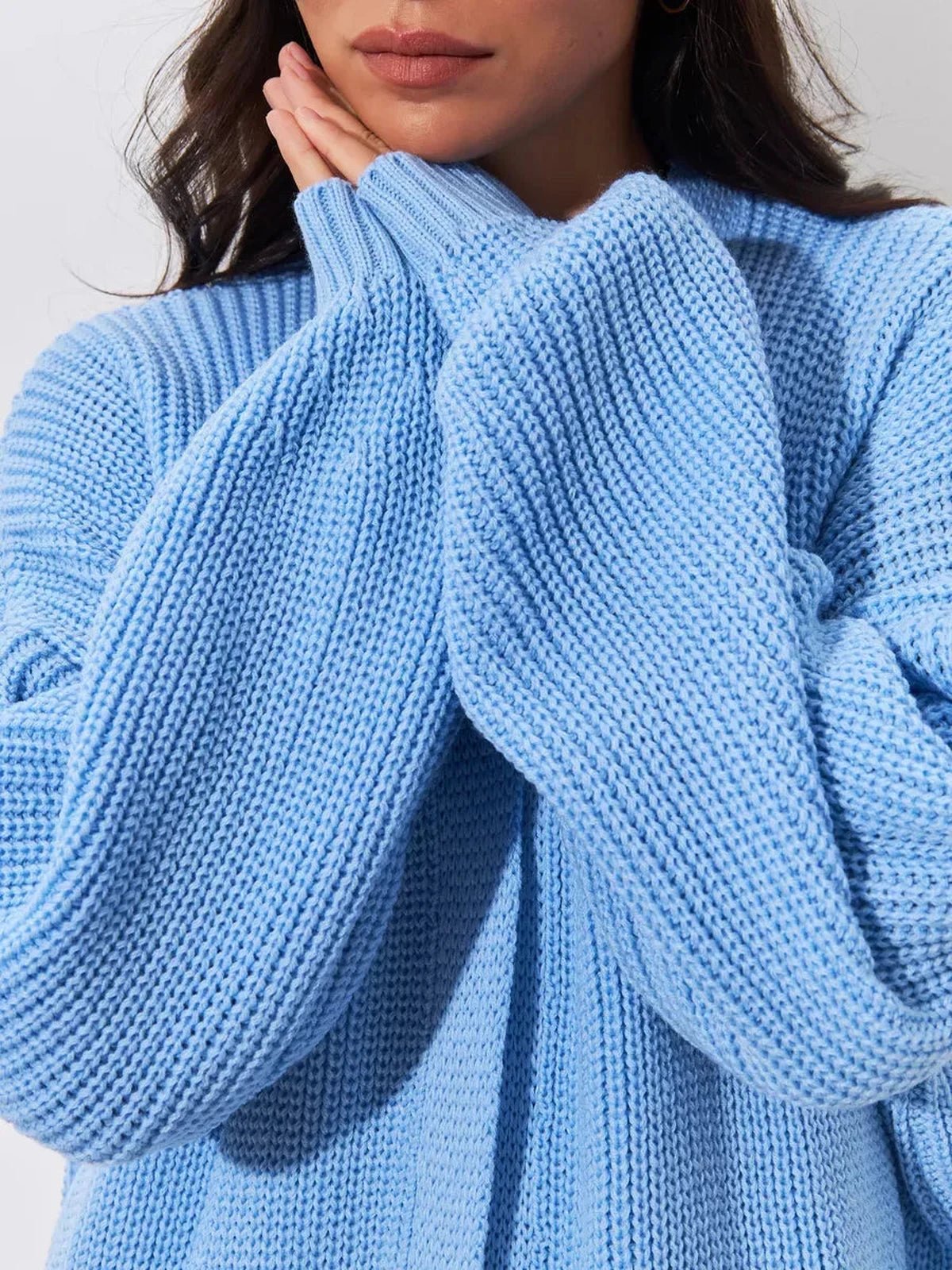 Skylar Cardigan by Lauven in light blue, oversized knit coat offering warmth and comfort for autumn styling.