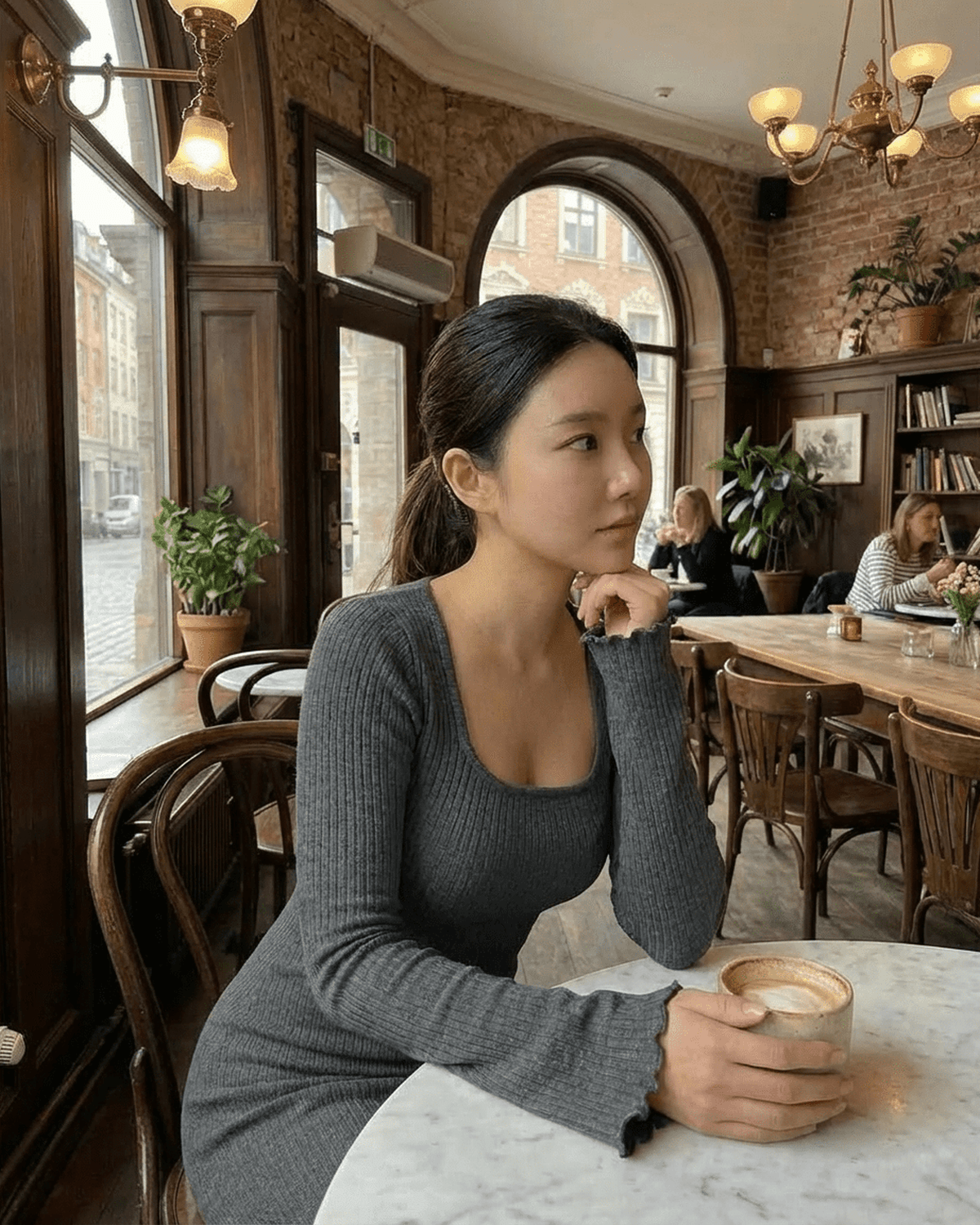 Elegant woman wearing Slate Maxi Dress by Lauven, ribbed knit with square neckline, enjoying coffee in a cozy cafe.