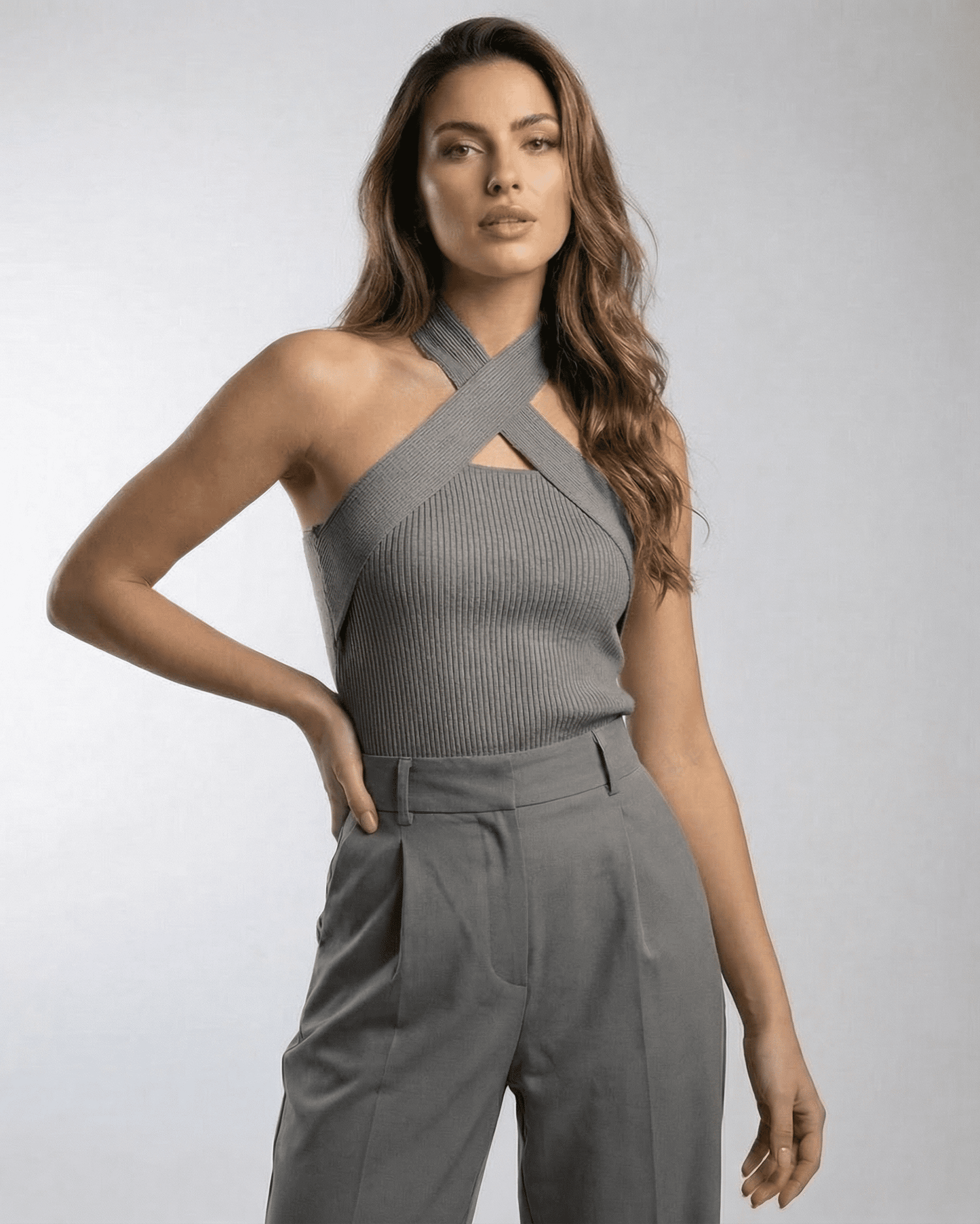 Slate Top by Lauven — Modern ribbed halter knit top with crossed-front detail, perfect for versatile styling.