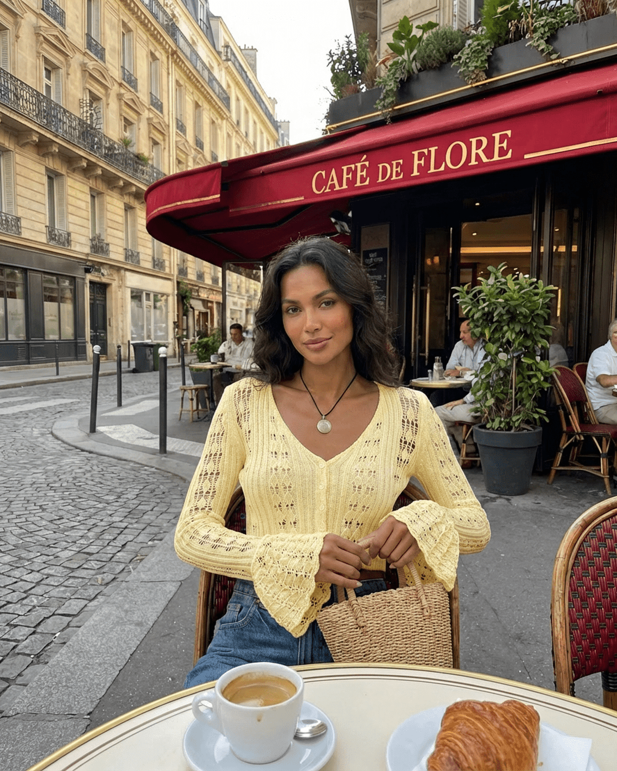 Solana Cardigan by Lauven in yellow, cropped knit with flare sleeves, worn at a Paris café.