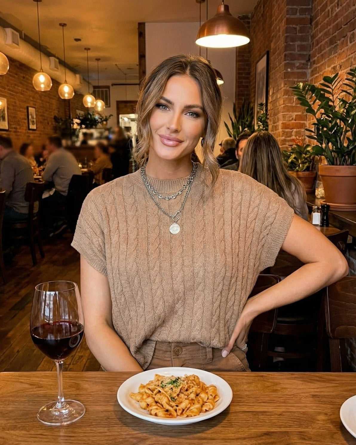 Toscana Sweater by Lauven worn in a stylish restaurant setting with pasta and red wine.