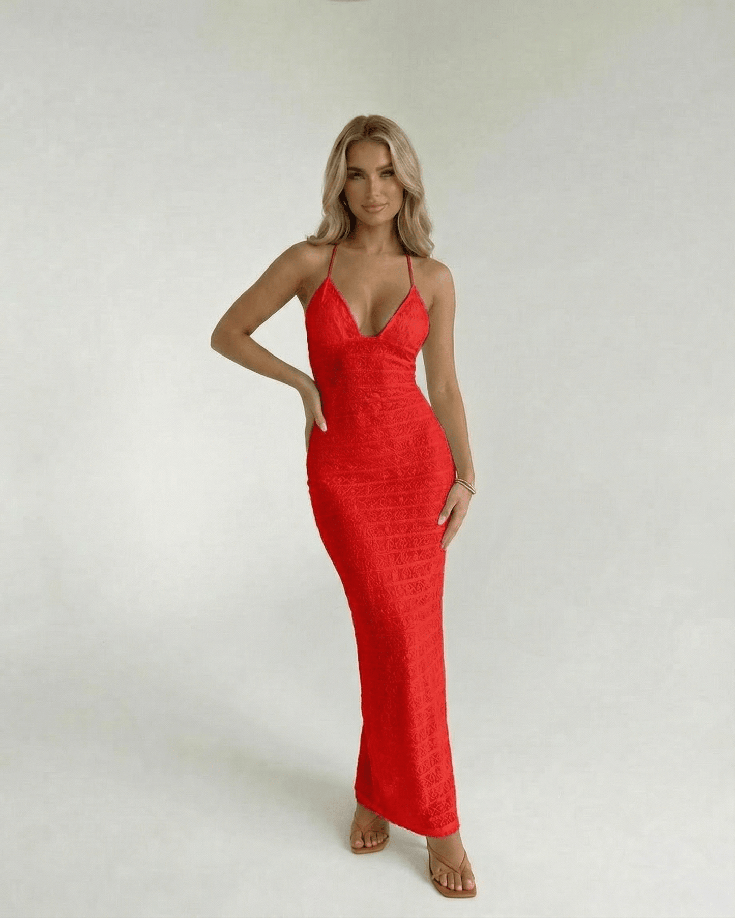 Valencia Maxi Dress by Lauven, bold red lace gown with V-neck and sheath silhouette.
