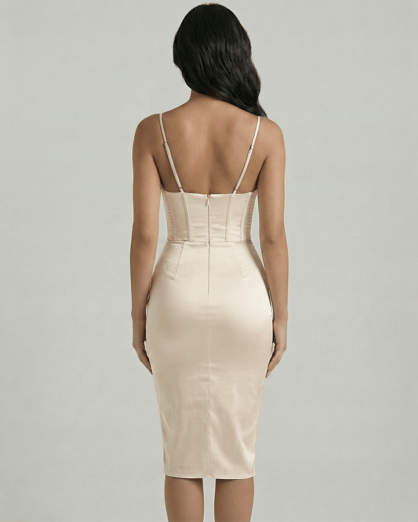 Valencia Midi Dress by Lauven – Back view of champagne satin corset midi dress showcasing elegant tailoring.