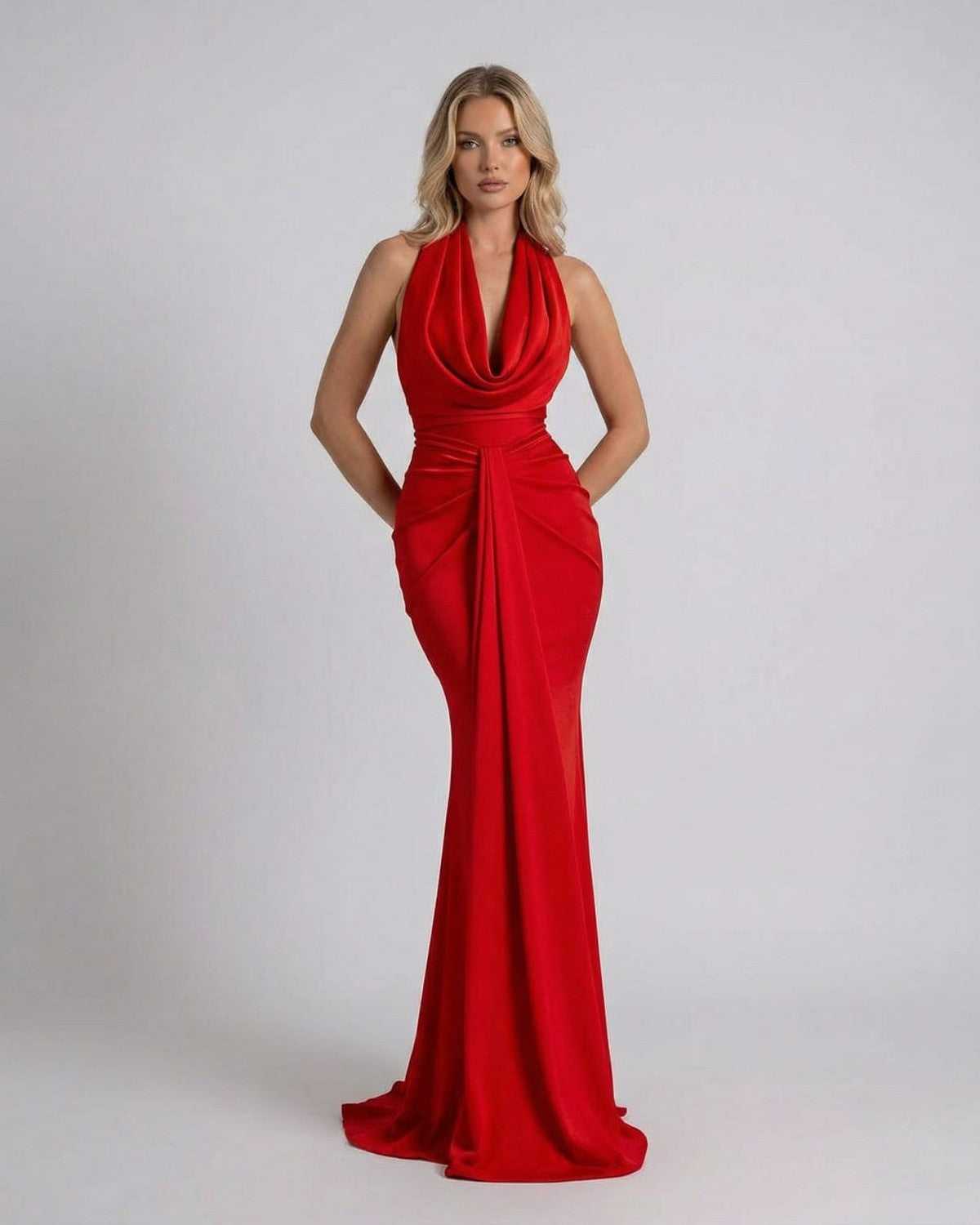 Valentina Maxi Dress by Lauven, featuring a draped swinging collar and sleek sheath silhouette in luxurious red fabric.