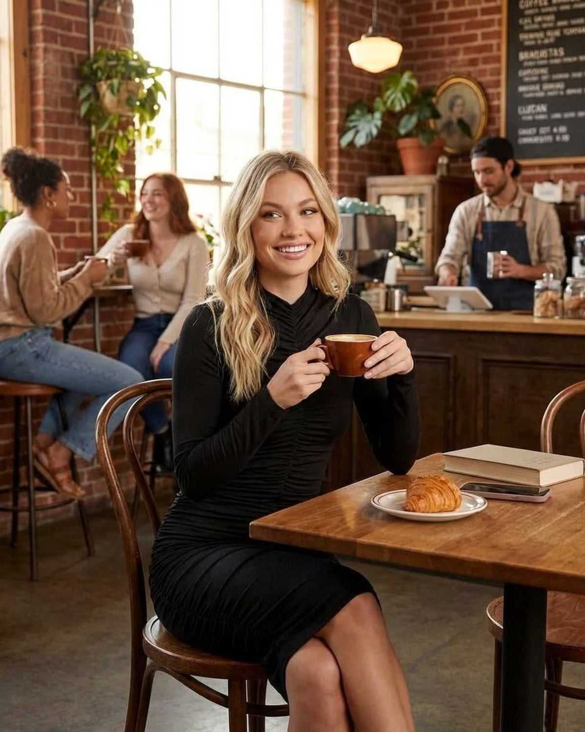 Woman in Velouré Midi Dress by Lauven enjoying coffee in a cozy café setting.