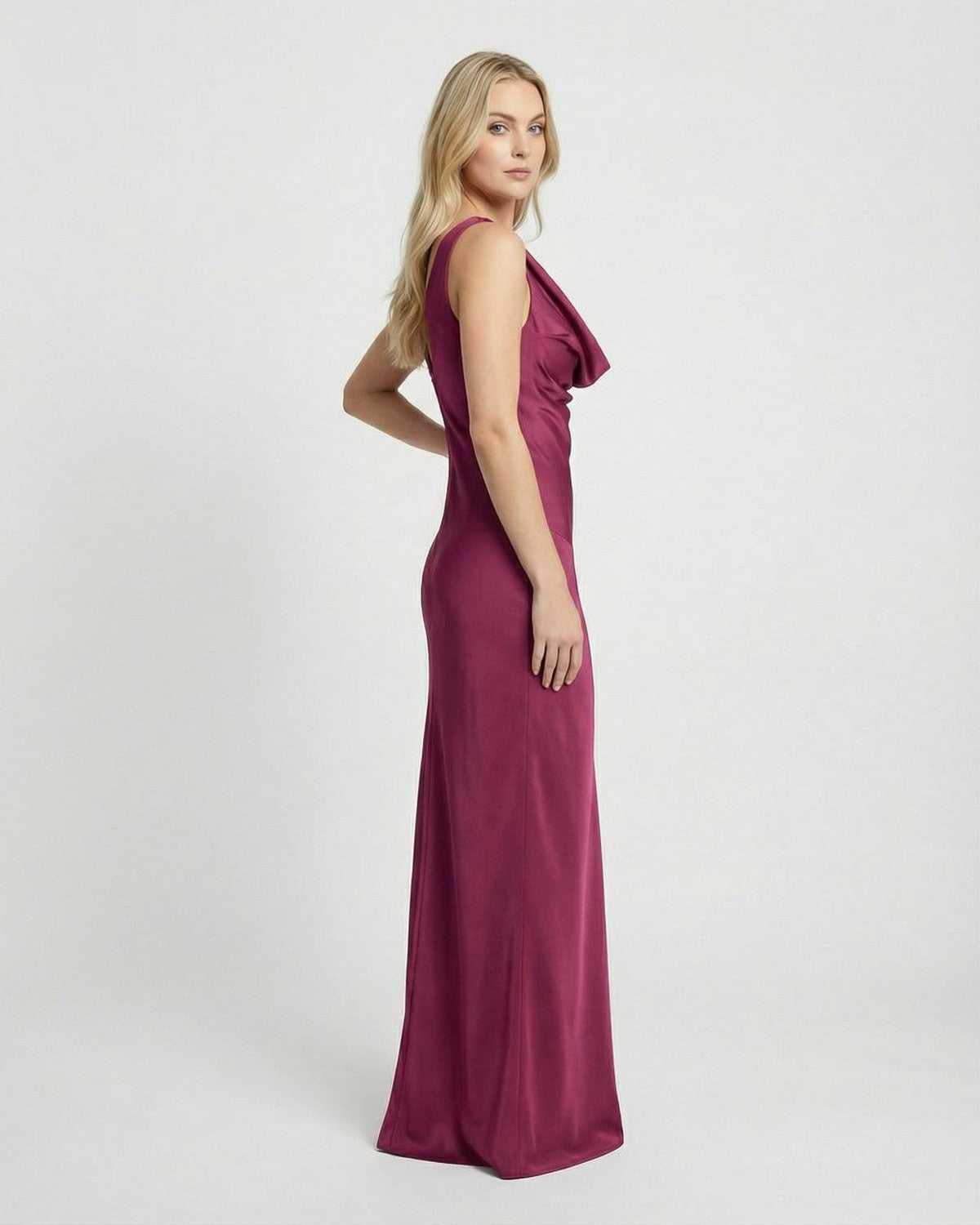 Verona Maxi Dress by Lauven, showing elegant cowl neck design in a beautiful satin-effect finish.