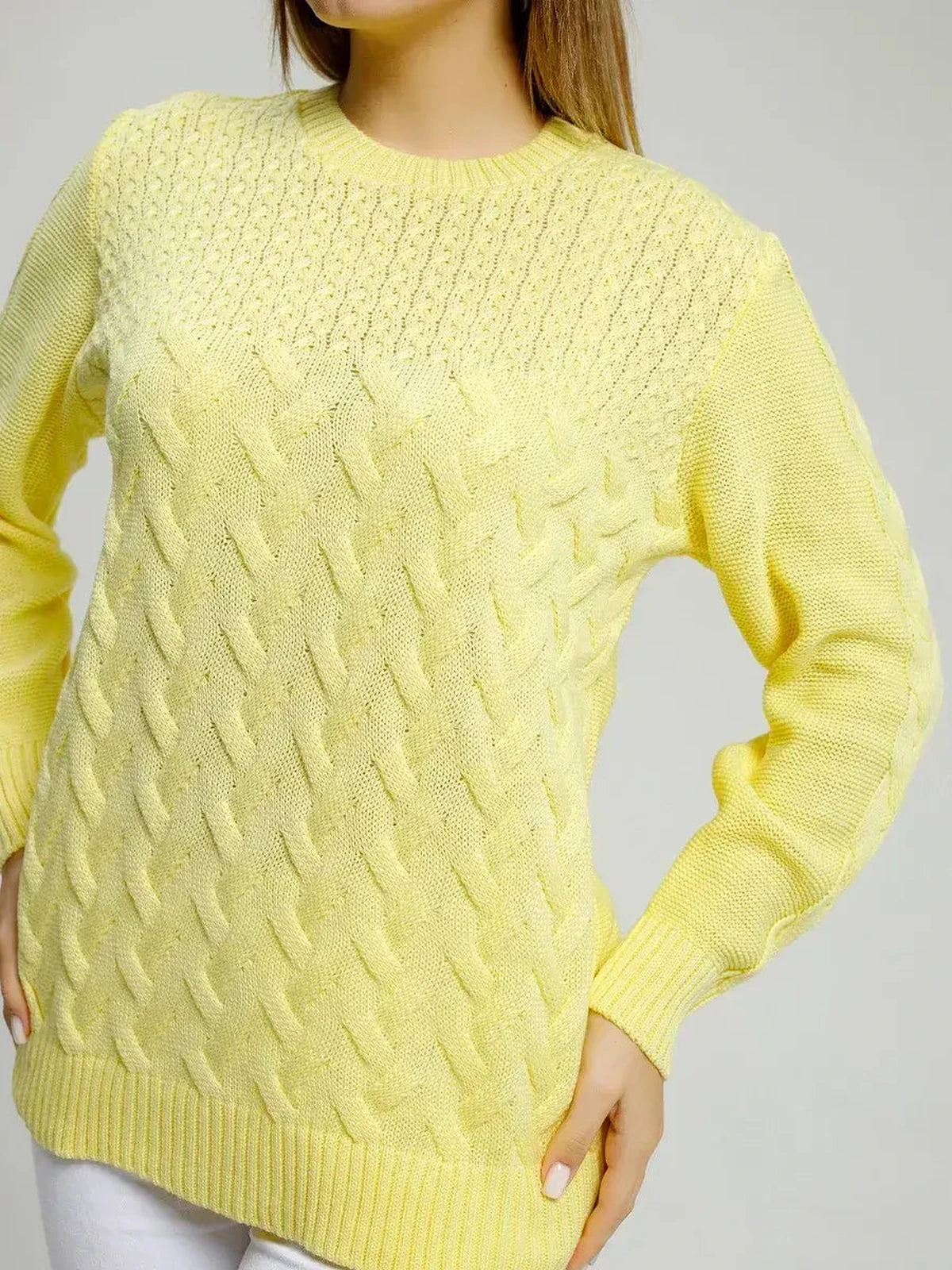 Lauven Vienna Sweater in soft yellow knit, featuring textured patterns, perfect for chic and comfortable seasonal outfits.