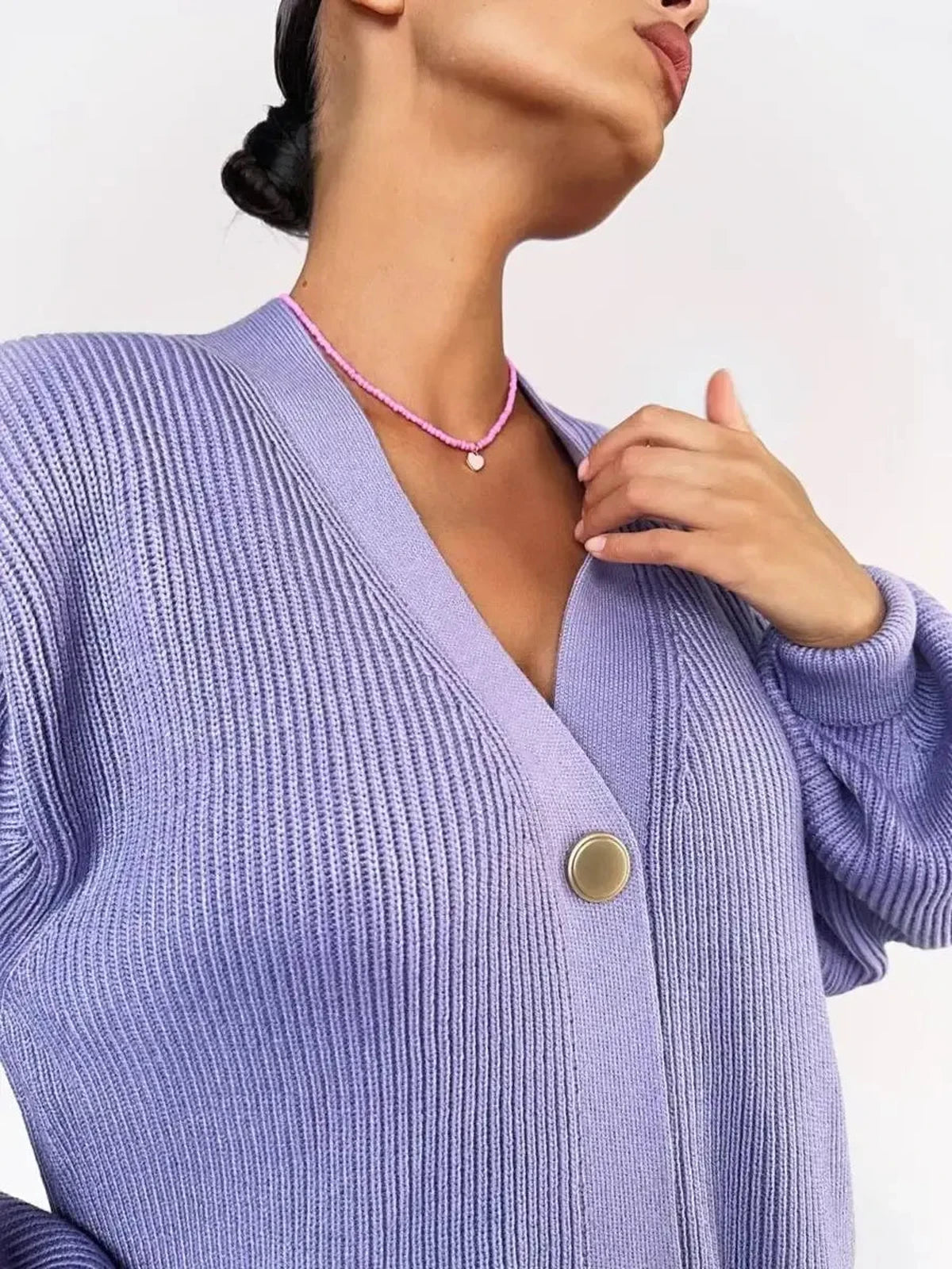 Lunaria Cardigan in soft lavender, showcasing oversized knit design and elegant longline silhouette by Lauven.