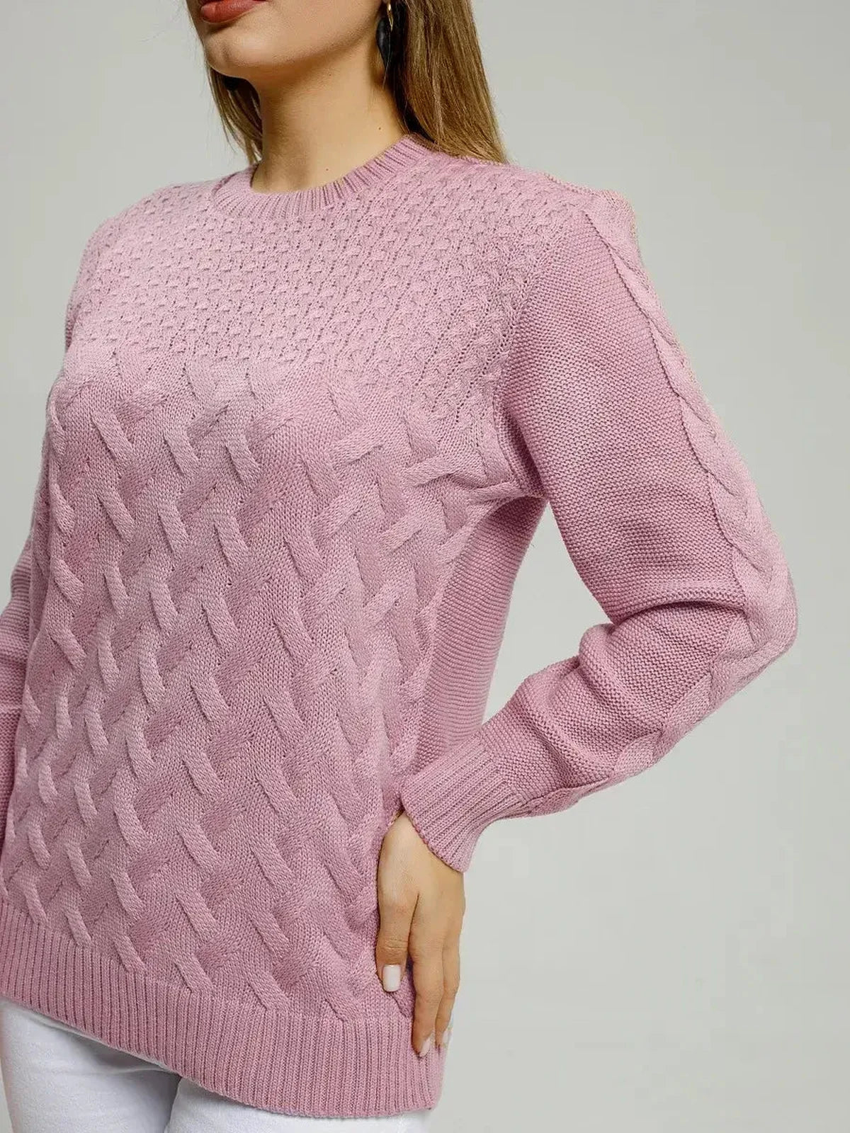 Lyra Sweater by Lauven – Soft lilac knitwear featuring stylish cable knit design.