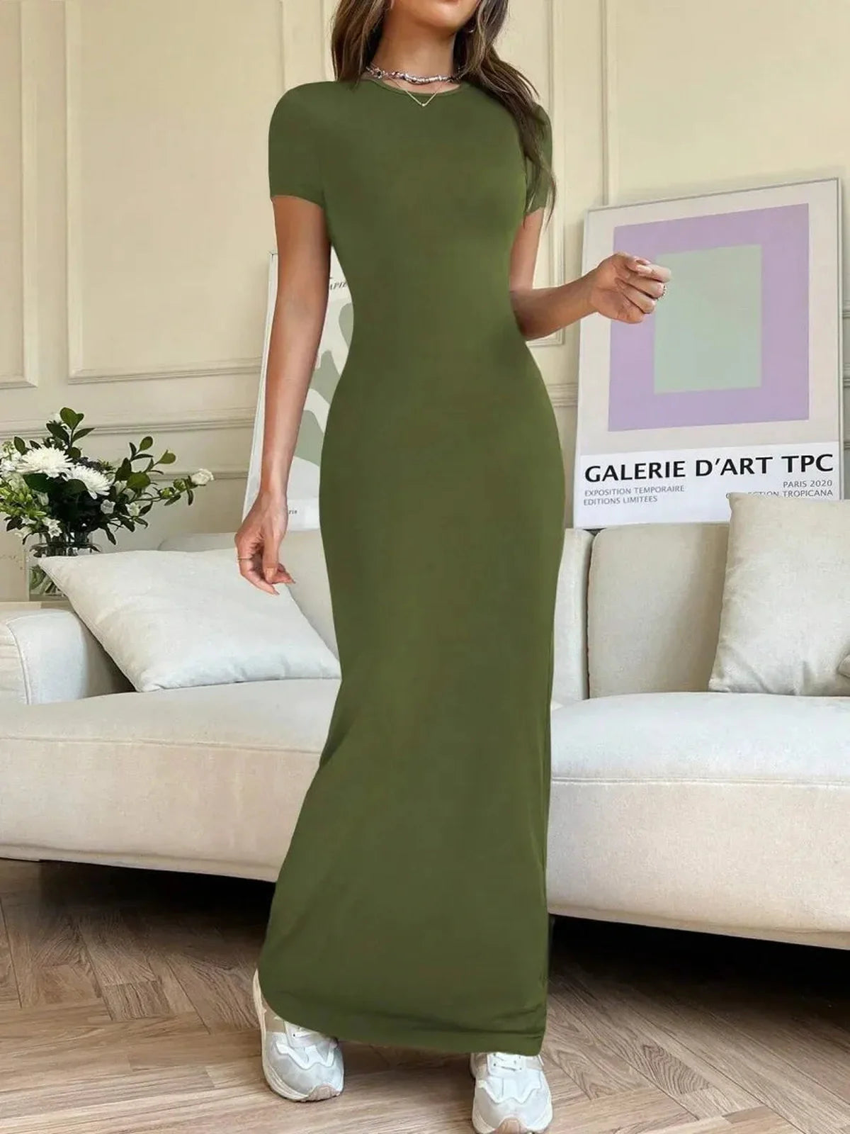 Maxi Dress - Ivy Muse in olive green, showcasing a sculpting silhouette, ideal for summer events and gallery strolls.