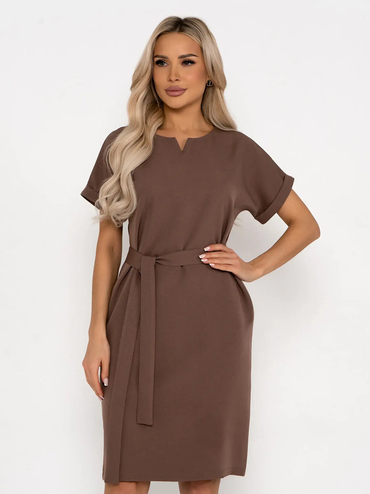 Mocha Frame structured mini dress with short sleeves and removable belt, perfect for summer and formal occasions.