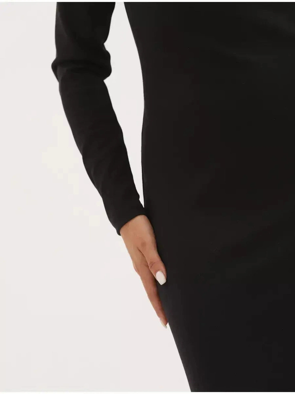 Lauven Noir Midi Dress showcasing sleek black bodycon fit with stylish long sleeves and side pocket detail.