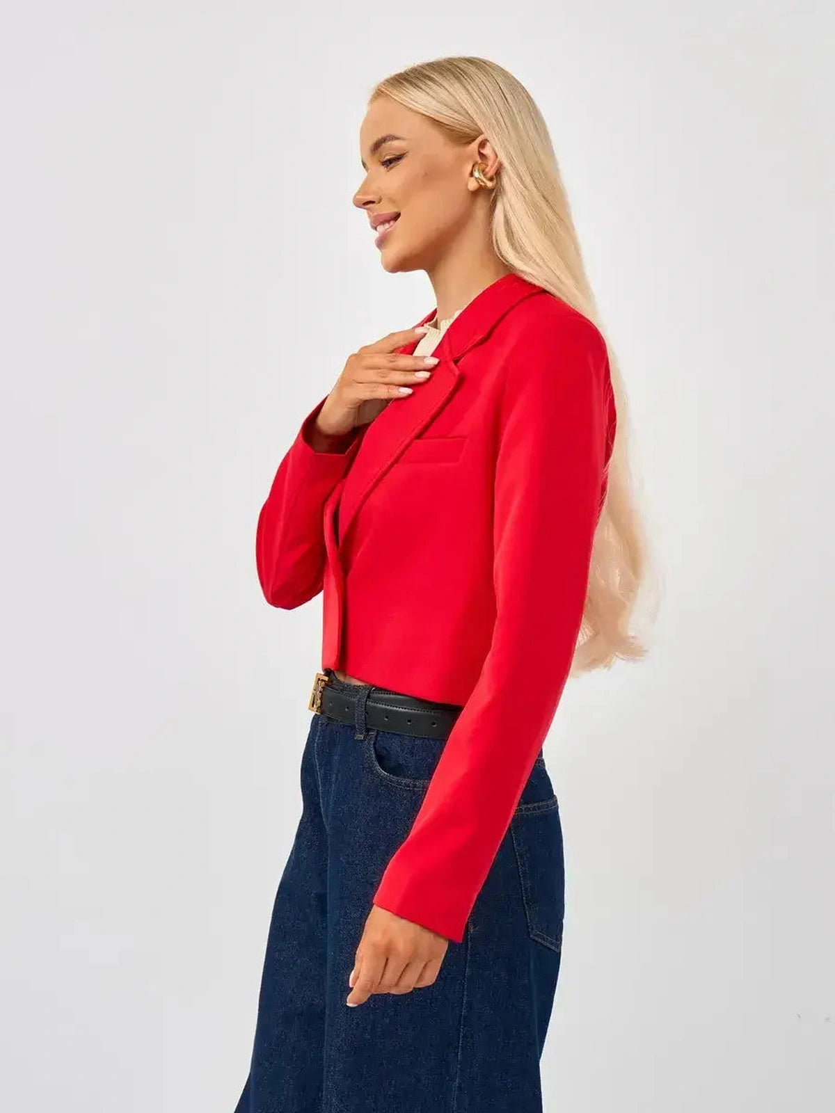 Ruby Blazer by Lauven, cropped classic tailored red elegance showcasing sophisticated style.