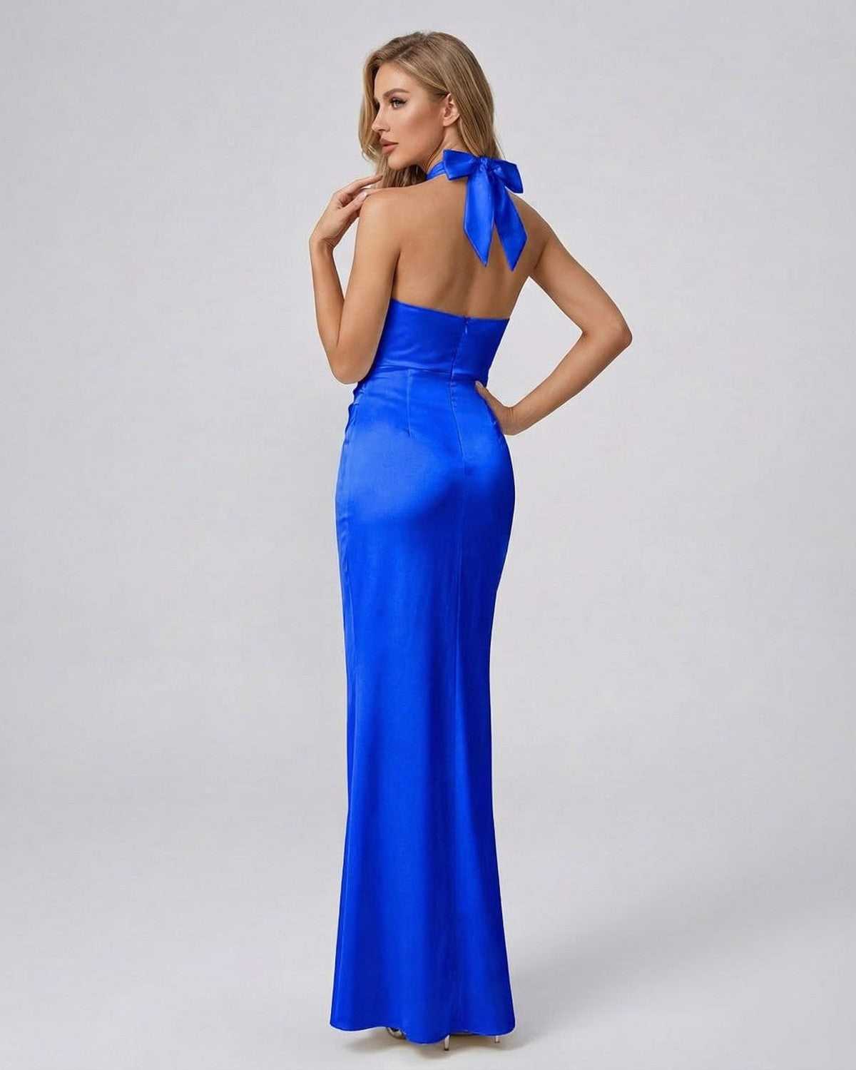Saphira Maxi Dress by Lauven featuring a halter neck design in solid blue, showcasing a sleek silhouette and refined waist cutout.
