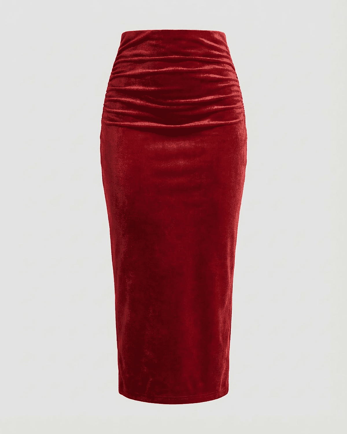 Scarlet Midi Skirt by Lauven - High-waisted velvet pencil skirt with elegant back slit in rich red.