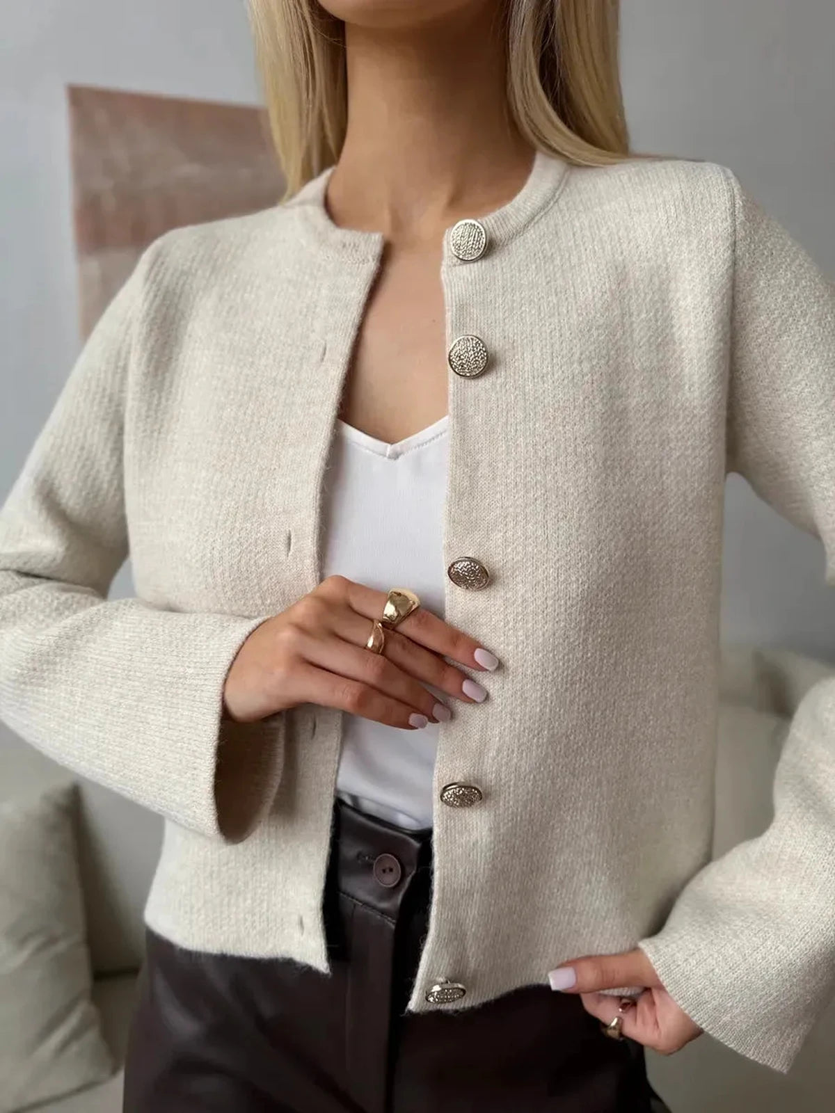 Selene Cardigan by Lauven, chic beige cropped knitwear with decorative buttons, perfect for modern women's style.