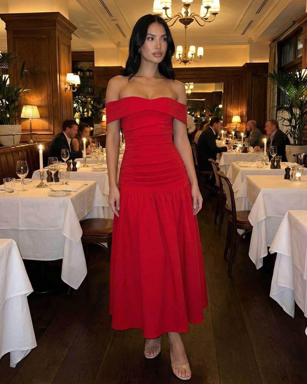 Serena Midi Dress by Lauven - Elegant off-shoulder red dress perfect for fine dining and special occasions.