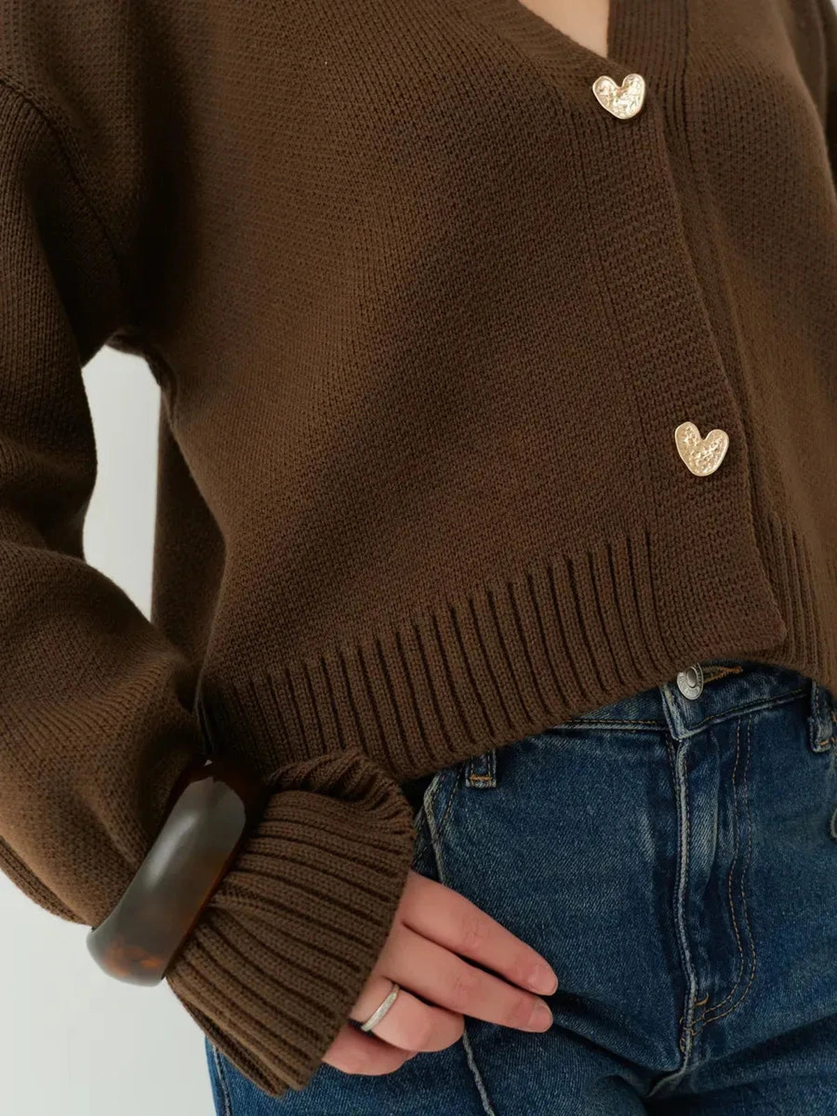 Siena Cardigan by Lauven - Cropped chocolate brown knit cardigan with heart buttons and wide sleeves.