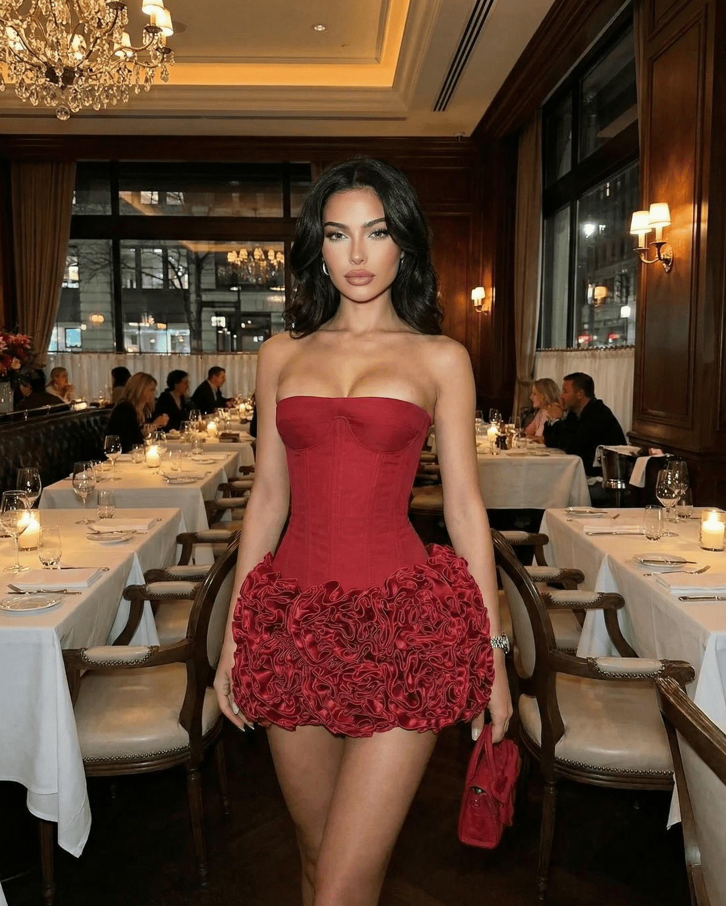Siena Mini Dress by Lauven in rich red with strapless corset silhouette and textured mini skirt, ideal for evening wear.