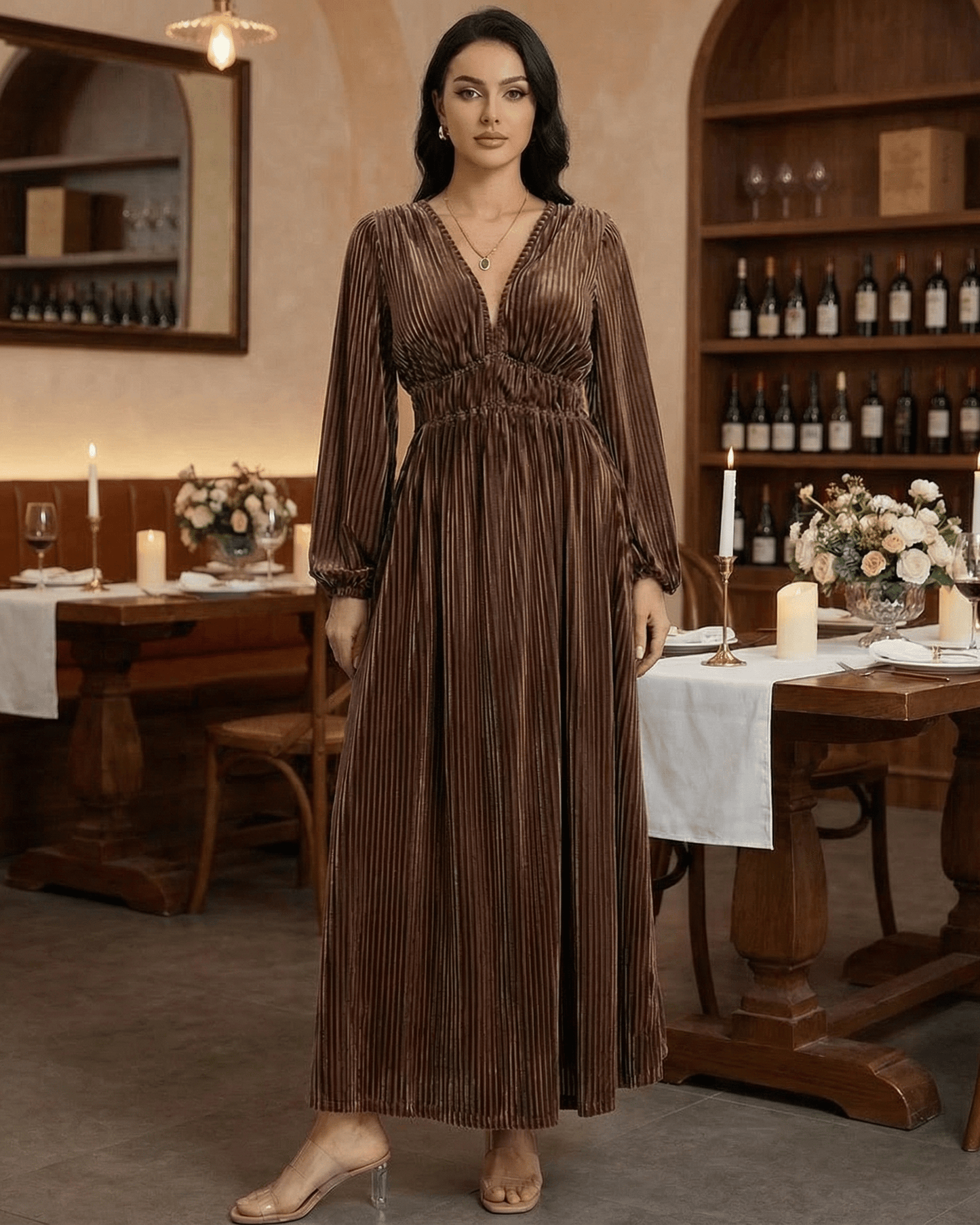 Sienna Maxi Dress by Lauven, pleated velvet long sleeve dress with V-neck and elegant ankle-length hem.