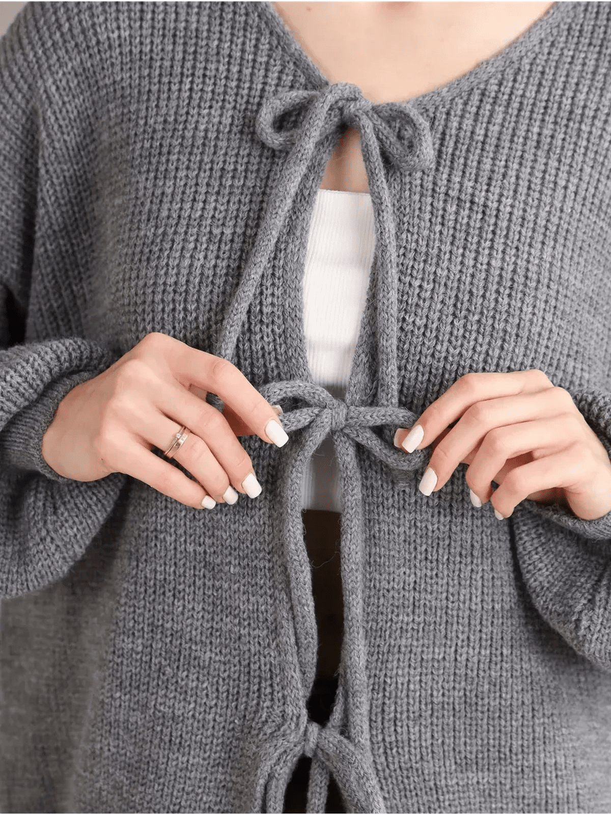 Slate Cardigan by Lauven featuring tie-front closure and oversized fit in elegant gray knitwear.