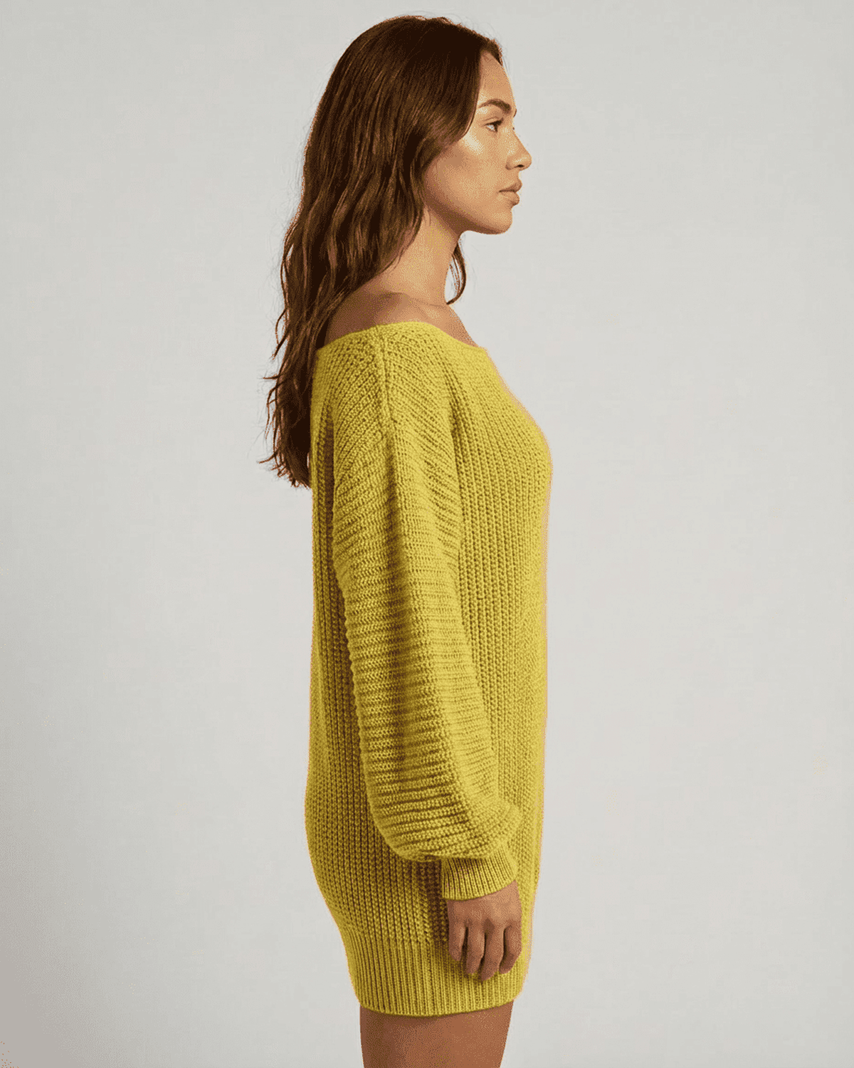 Soleil Mini Dress by Lauven, showcase of ribbed knit off-the-shoulder design in vibrant yellow.