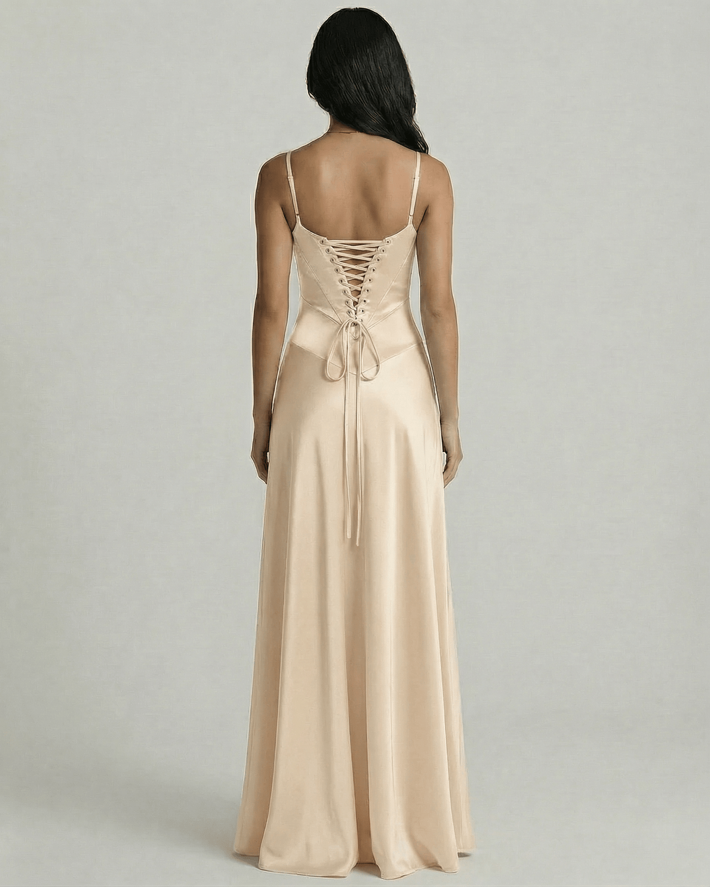 Back view of the Solenne Maxi Dress by Lauven showcasing the champagne satin lace-up detail.