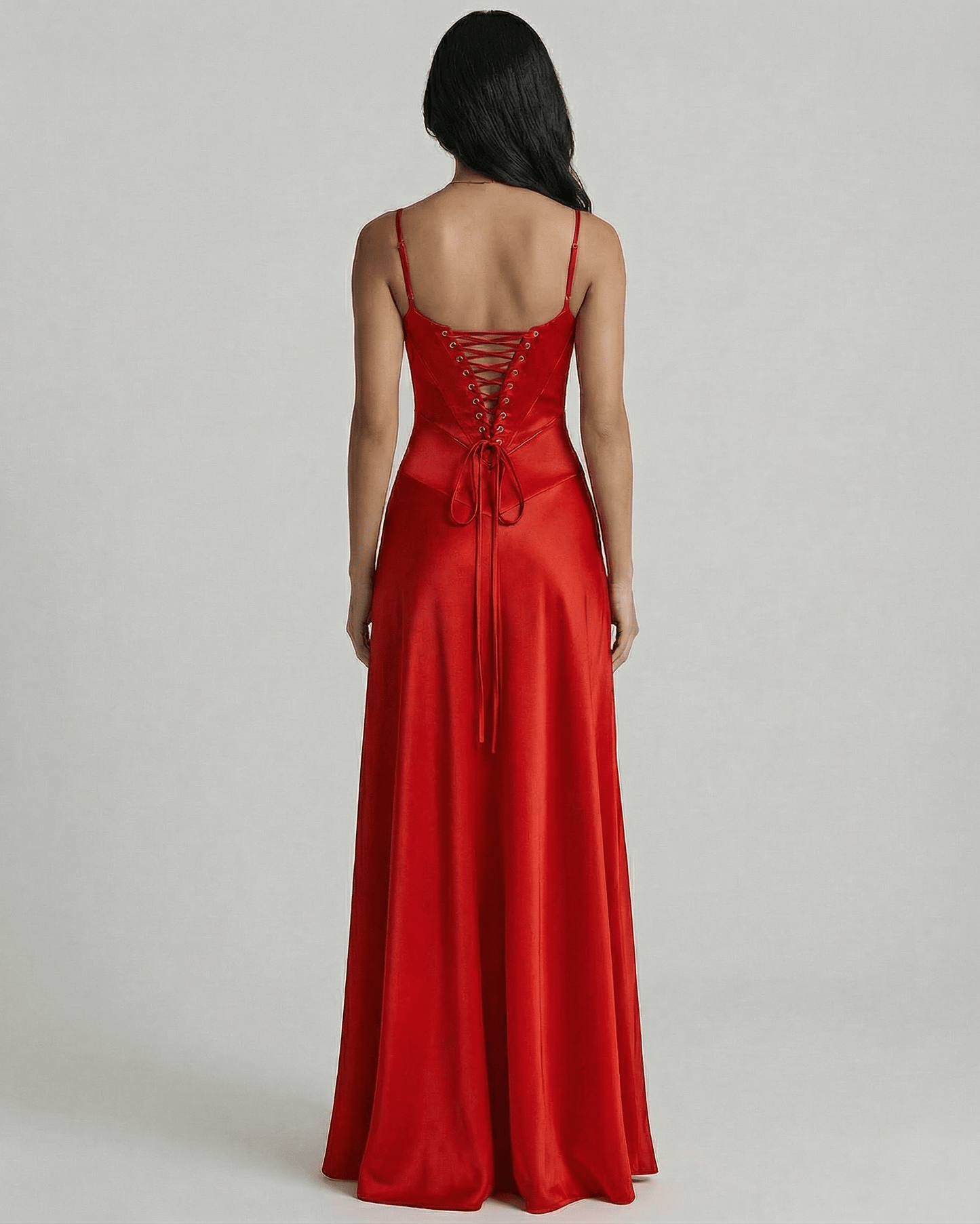 Valencia Maxi Dress by Lauven, featuring a red satin lace-up back and flowing silhouette.