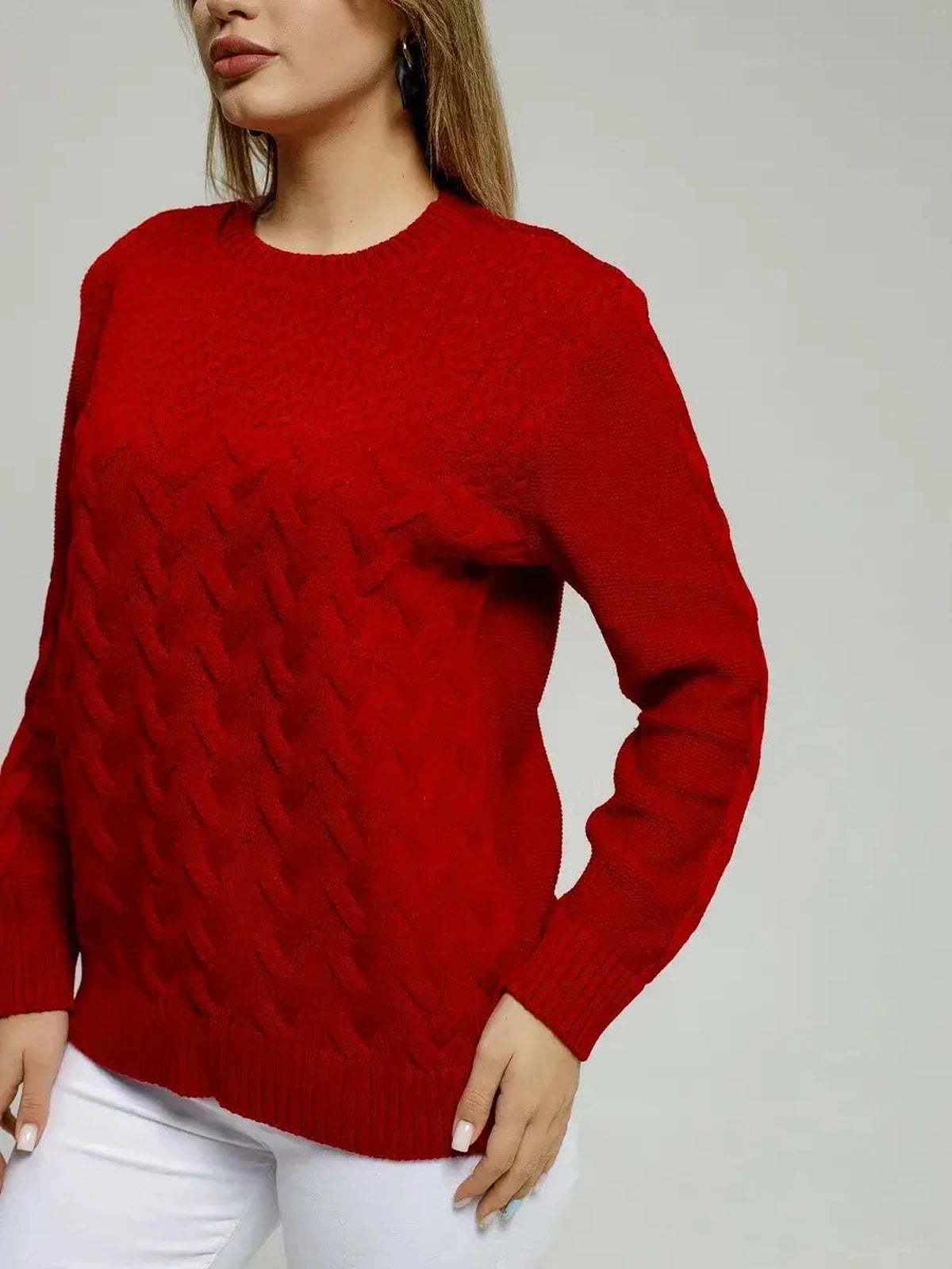 Vera Pullover by Lauven in red, featuring a classic round neckline and textured knit design for stylish comfort.
