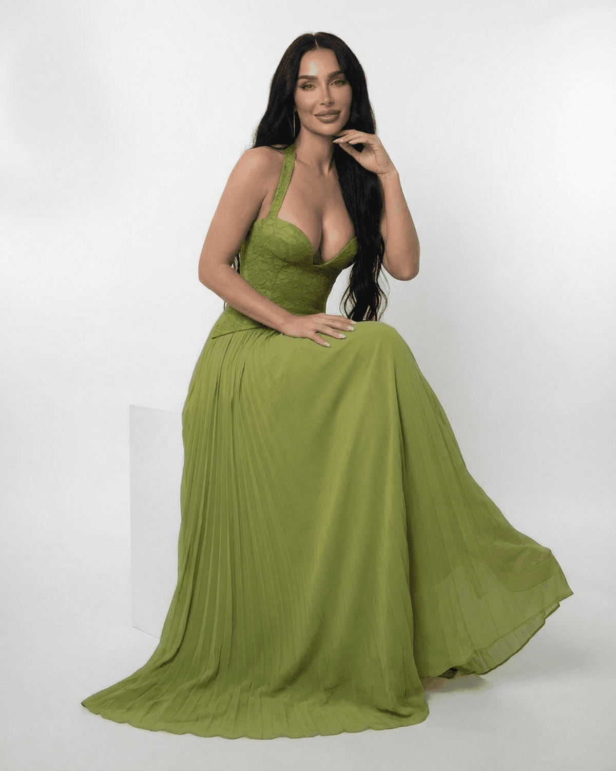 Lauven Verdant Maxi Dress featuring lace bodice and pleated skirt in rich olive green, perfect for formal occasions.