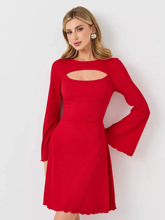 Stylish woman in a red flare cutout mini dress with bell sleeves, showcasing modern romantic flair.